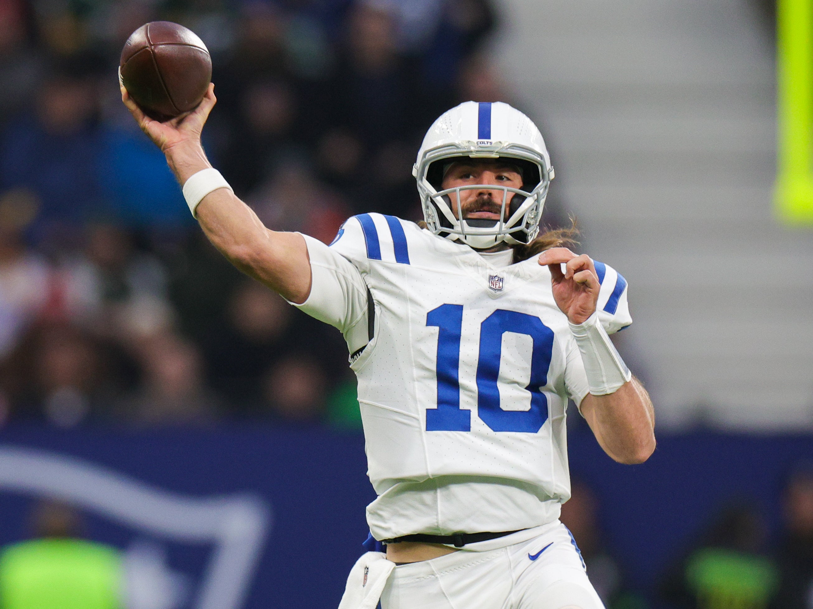Nov 12, 2023; Frankfurt, Germany; Indianapolis Colts quarterback Gardner Minshew (10) throws a pass against the New England Patriots in the second quarter during an International Series game at Deutsche Bank Park.
