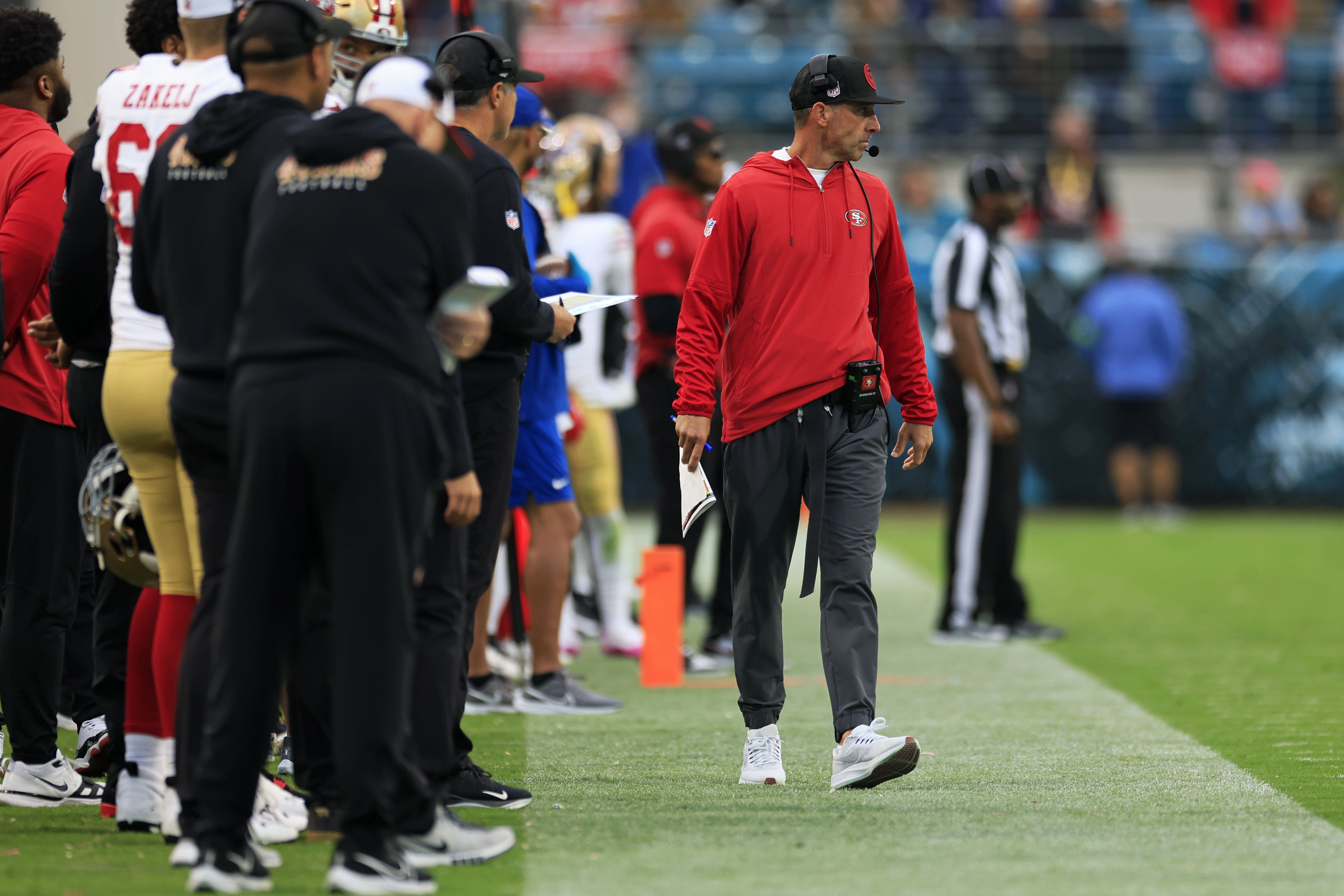 San Francisco 49ers head coach Kyle Shanahan walks the sideline during the third quarter of an NFL football game Sunday, Nov. 12, 2023 at EverBank Stadium in Jacksonville, Fla. The San Francisco 49ers defeated the Jacksonville Jaguars 34-3.
