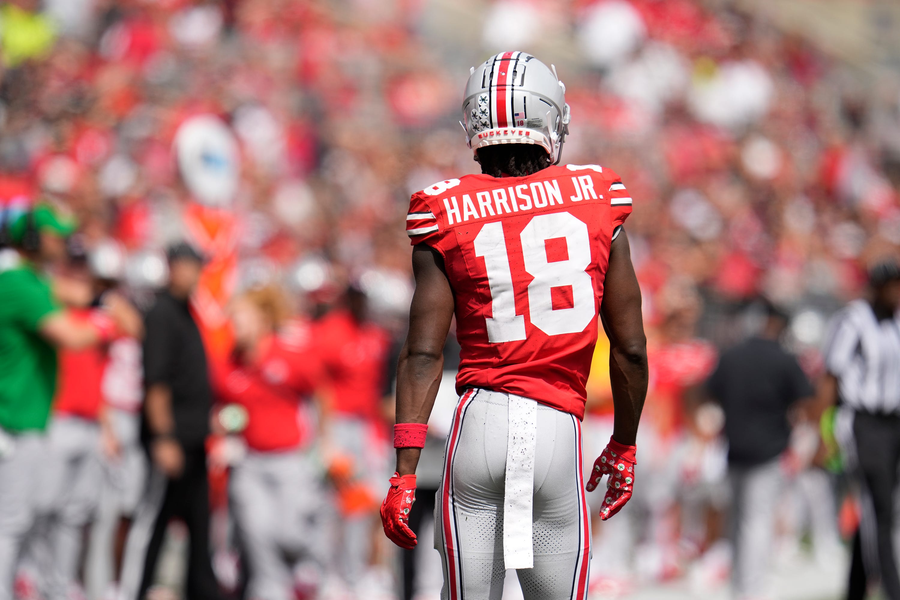 Sep 09, 2023; Columbus, OH, USA; Ohio State Buckeyes wide receiver Marvin Harrison Jr. (18) walks away after missing a touchdown pass during their game against Youngstown State.