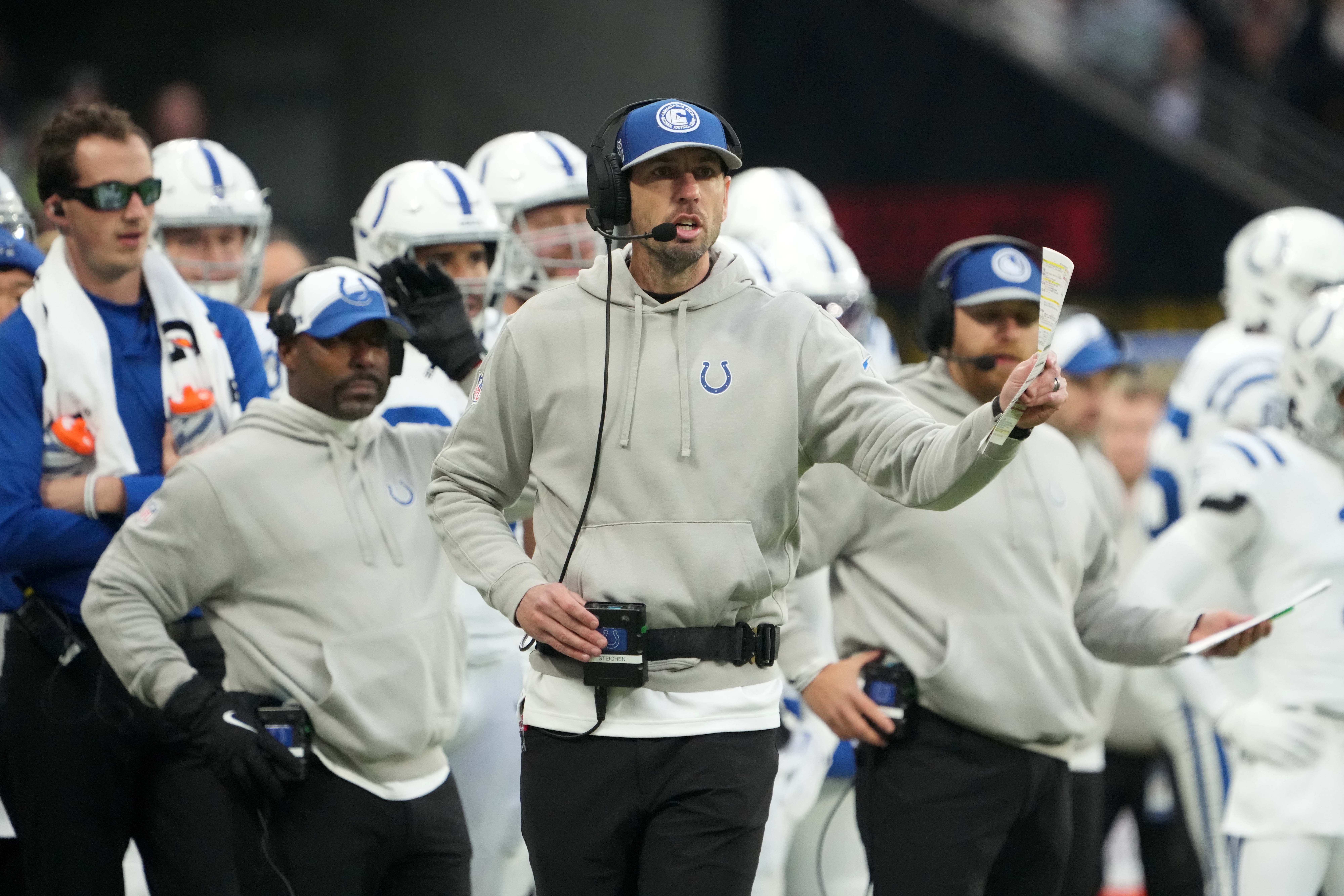 Nov 12, 2023; Frankfurt, Germany; Indianapolis Colts coach Shane Steichen reacts against the New England Patriots in the first half during an NFL International Series game at Deutsche Bank Park.