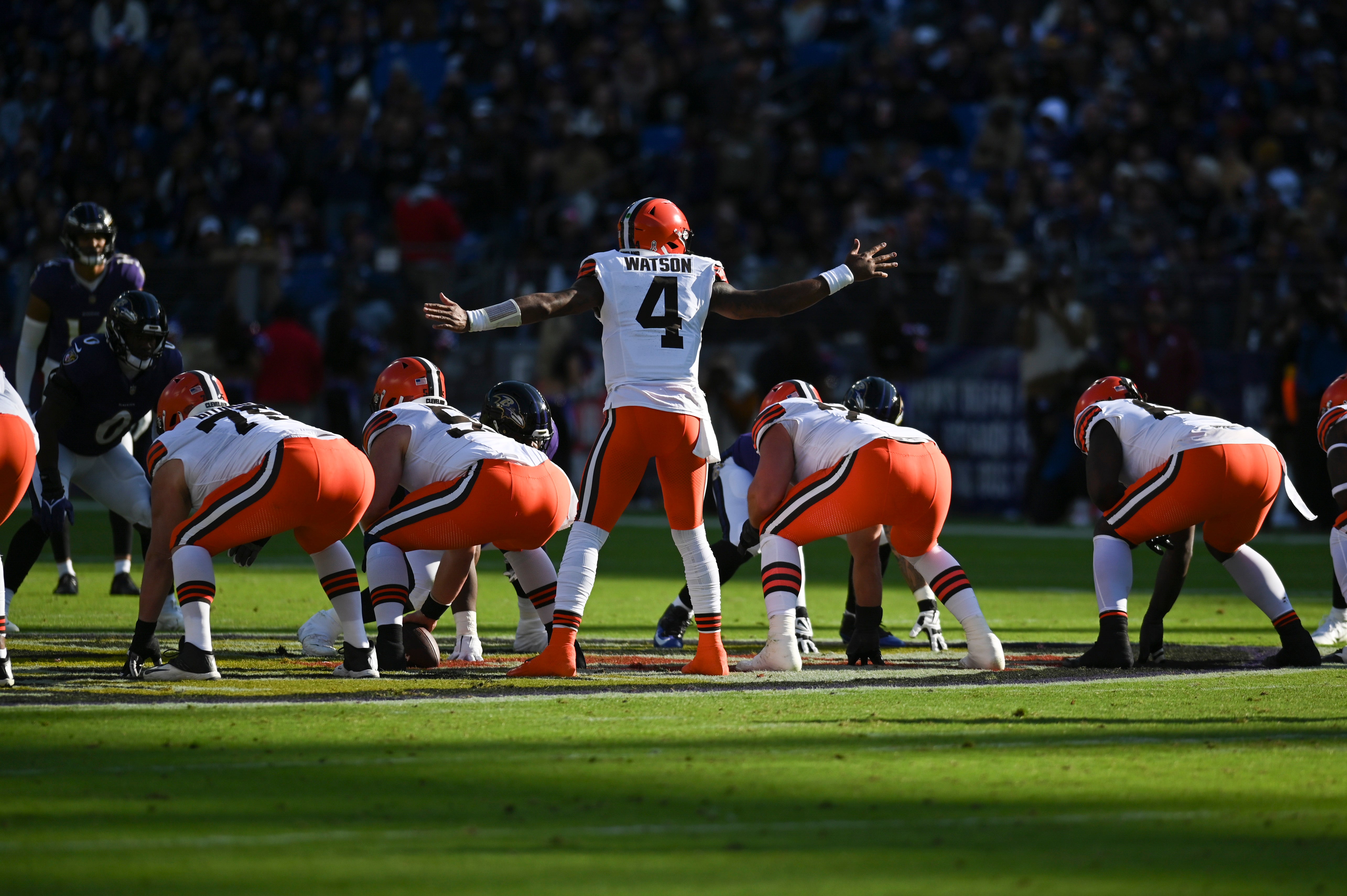 Nov 12, 2023; Baltimore, Maryland, USA; Cleveland Browns quarterback Deshaun Watson (4) call as play at the line during the first half against the Baltimore Ravens at M&T Bank Stadium. Mandatory Credit: Tommy Gilligan-USA TODAY Sports