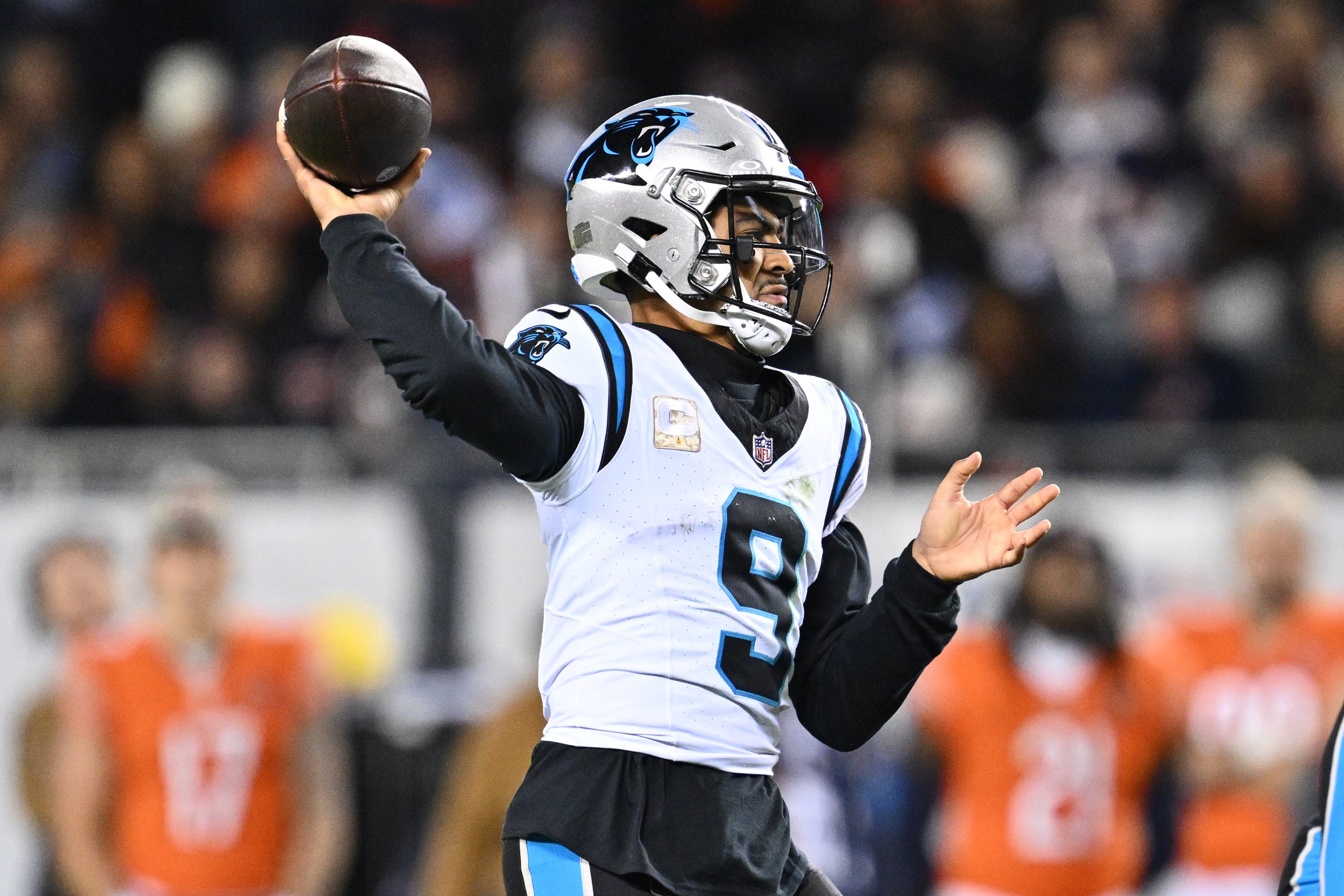 Nov 9, 2023; Chicago, Illinois, USA; Carolina Panthers quarterback Bryce Young (9) passes in the first half against the Chicago Bears at Soldier Field. Mandatory Credit: Jamie Sabau-USA TODAY Sports