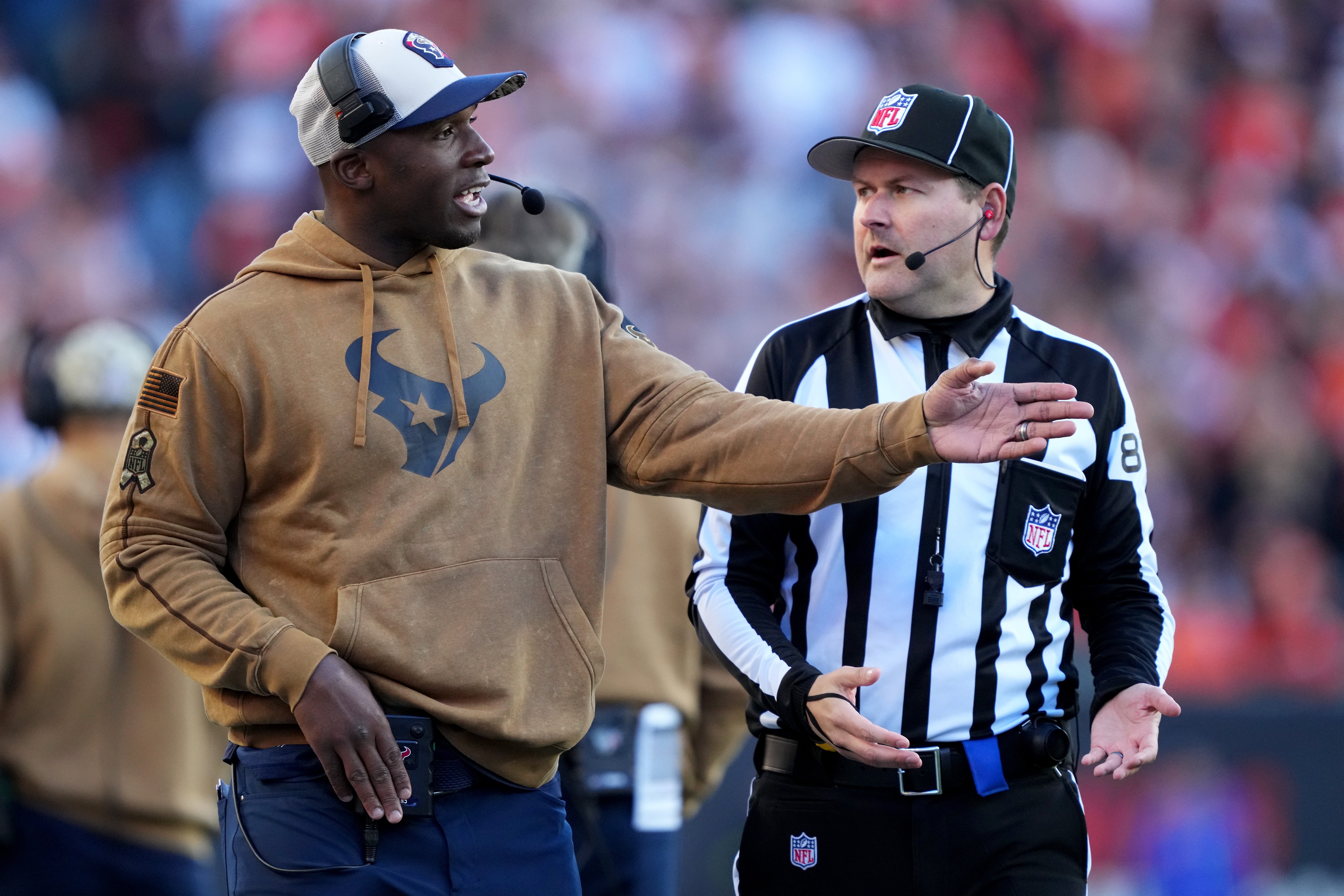 Houston Texans head coach DeMeco Ryan argues with an official in the fourth quarter of a Week 10 NFL football game between the Houston Texans and the Cincinnati Bengals, Sunday, Nov. 12, 2023, at Paycor Stadium in Cincinnati. The Houston Texans won, 30-27.  