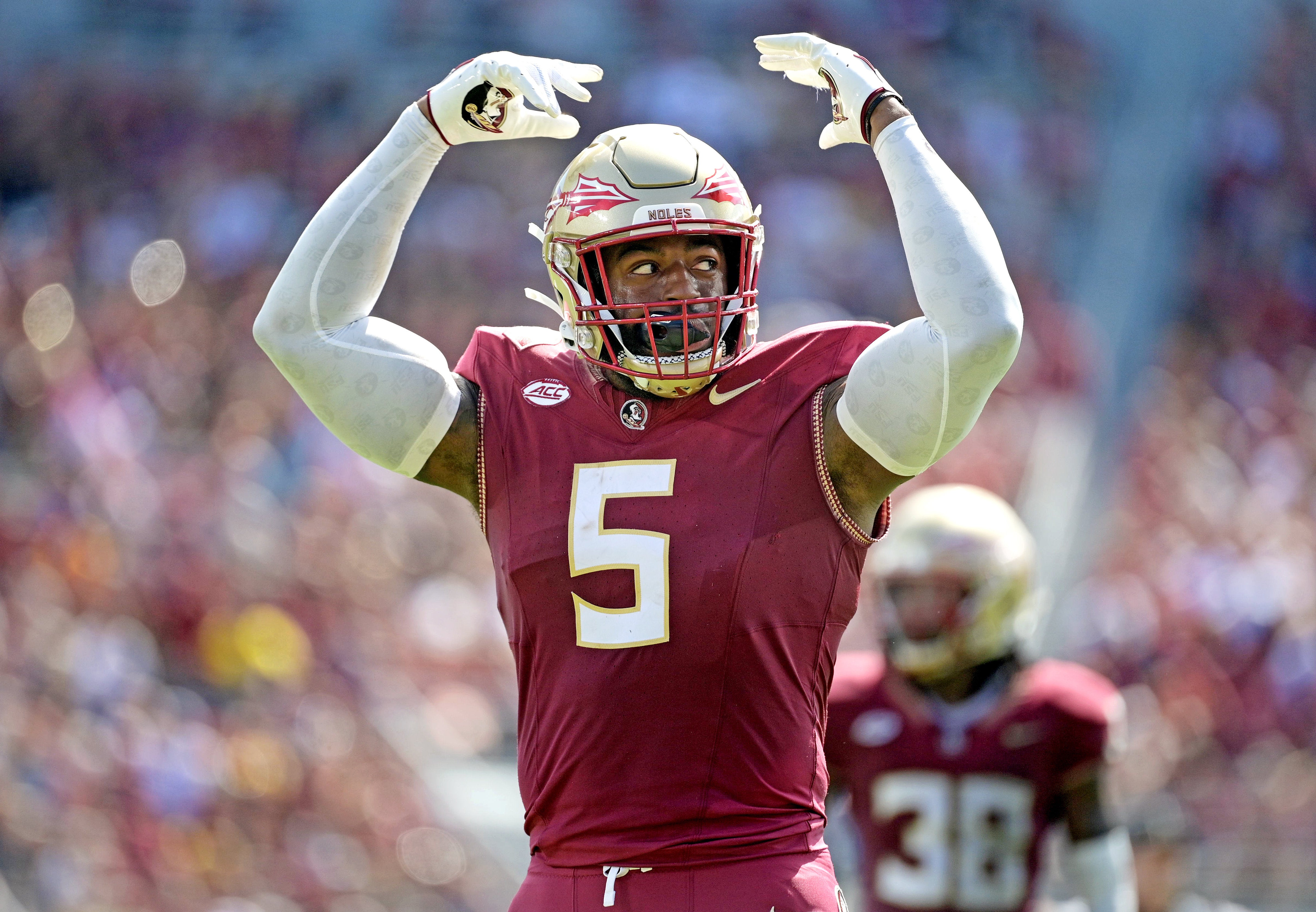 Oct 14, 2023; Tallahassee, Florida, USA; Florida State Seminoles defensive end Jared Verse (5) against the Syracuse Orange during the first half at Doak S. Campbell Stadium.