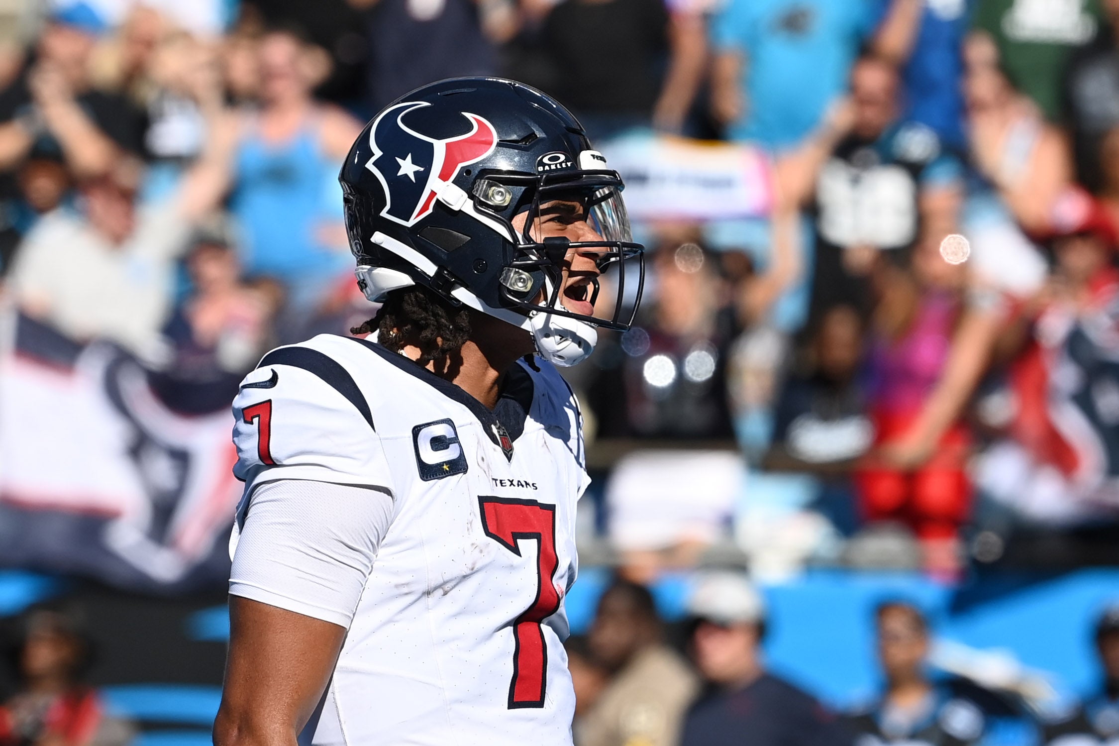 Oct 29, 2023; Charlotte, North Carolina, USA; Houston Texans quarterback C.J. Stroud (7) reacts after scoring a touchdown in the third quarter at Bank of America Stadium.