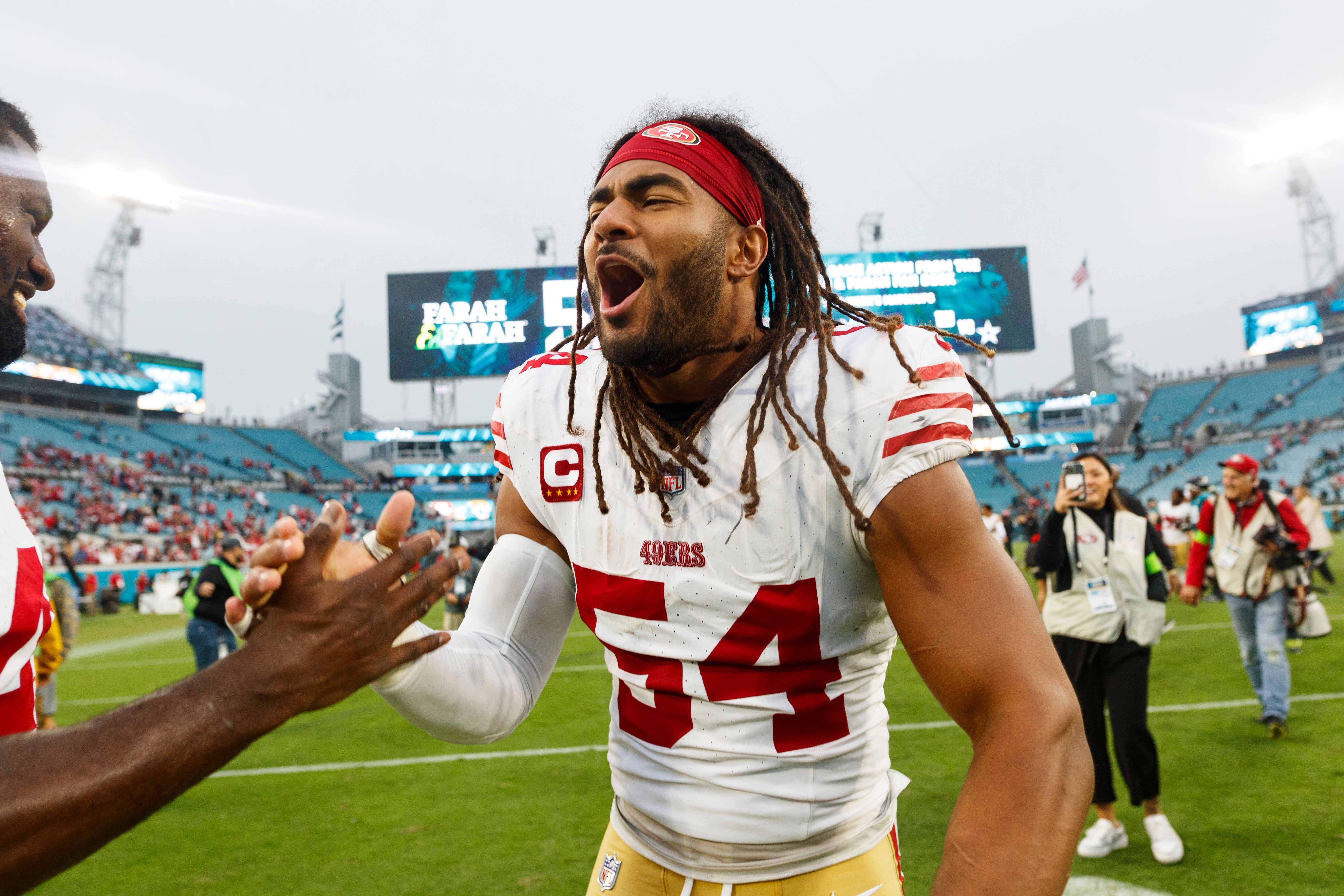 Nov 12, 2023; Jacksonville, Florida, USA; San Francisco 49ers linebacker Fred Warner (54) celebrates the win against the Jacksonville Jaguars at EverBank Stadium.