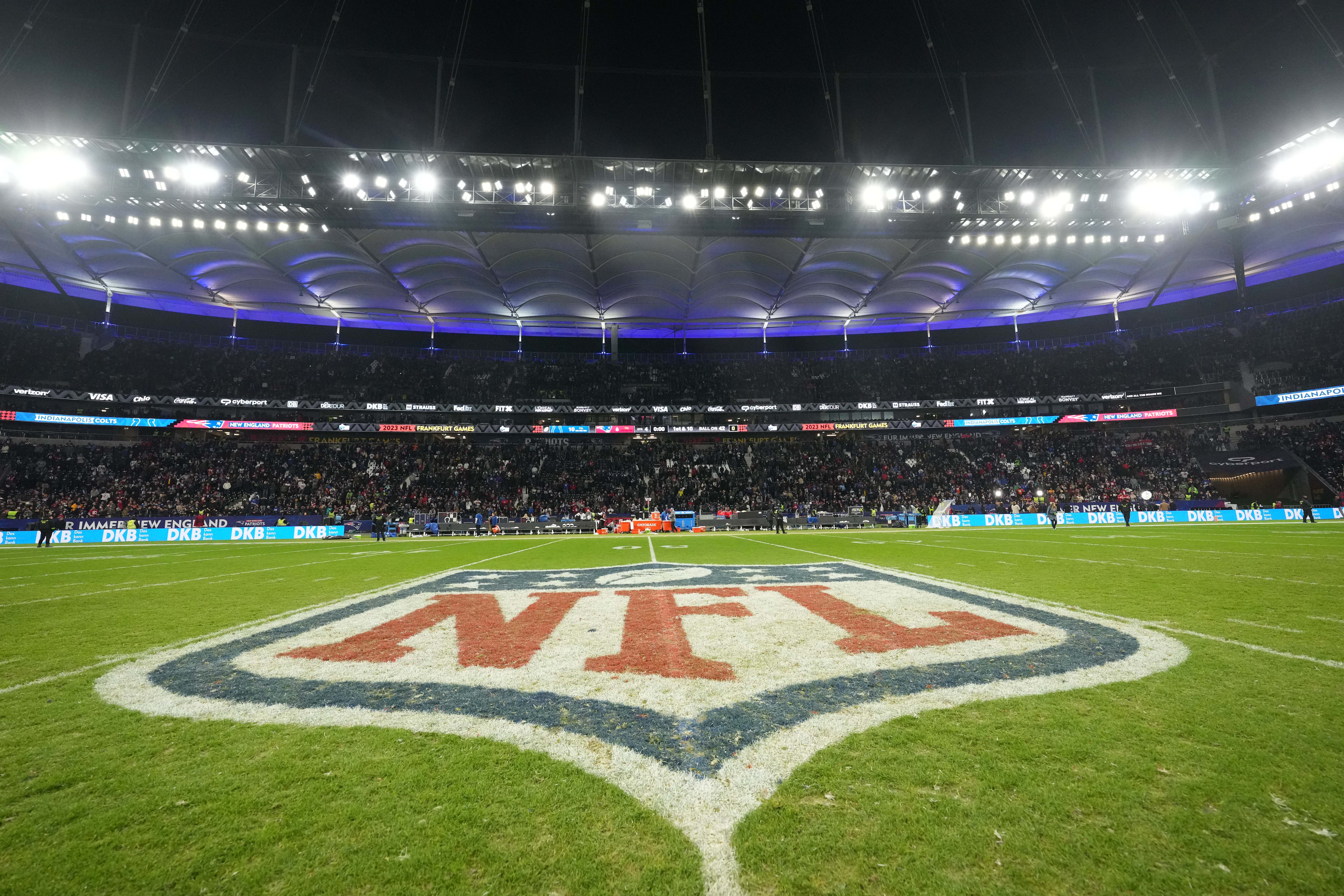 Nov 12, 2023; Frankfurt, Germany; The NFL shield logo at midfield during an NFL International Series game at Deutsche Bank Park.