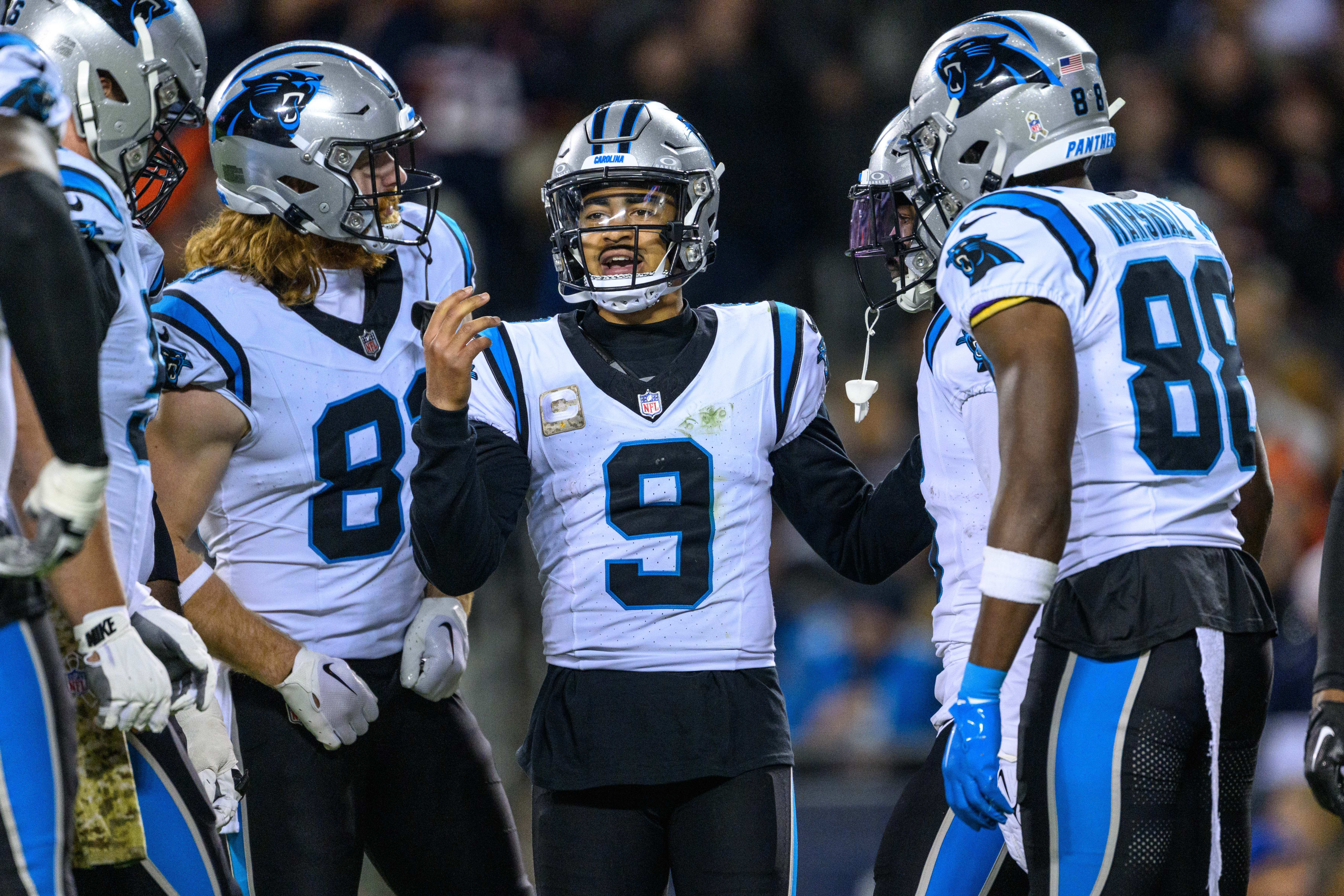 Nov 9, 2023; Chicago, Illinois, USA; Carolina Panthers quarterback Bryce Young (9) huddles his team against the Chicago Bears during the second quarter at Soldier Field. Mandatory Credit: Daniel Bartel-USA TODAY Sports