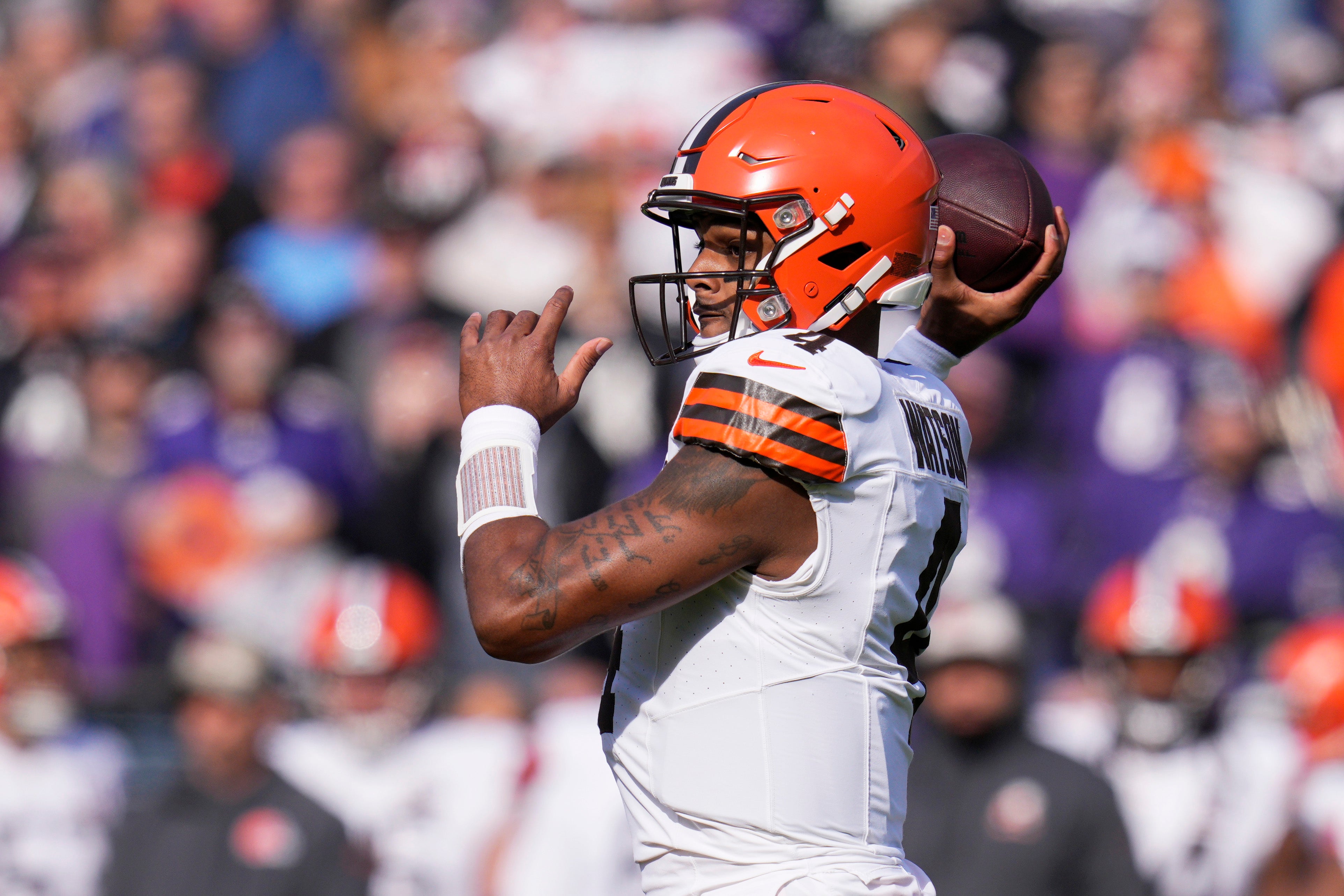 Nov 12, 2023; Baltimore, Maryland, USA; Cleveland Browns quarterback Deshaun Watson (4) passes against the Baltimore Ravens during the first quarter at M&T Bank Stadium. Mandatory Credit: Jessica Rapfogel-USA TODAY Sports