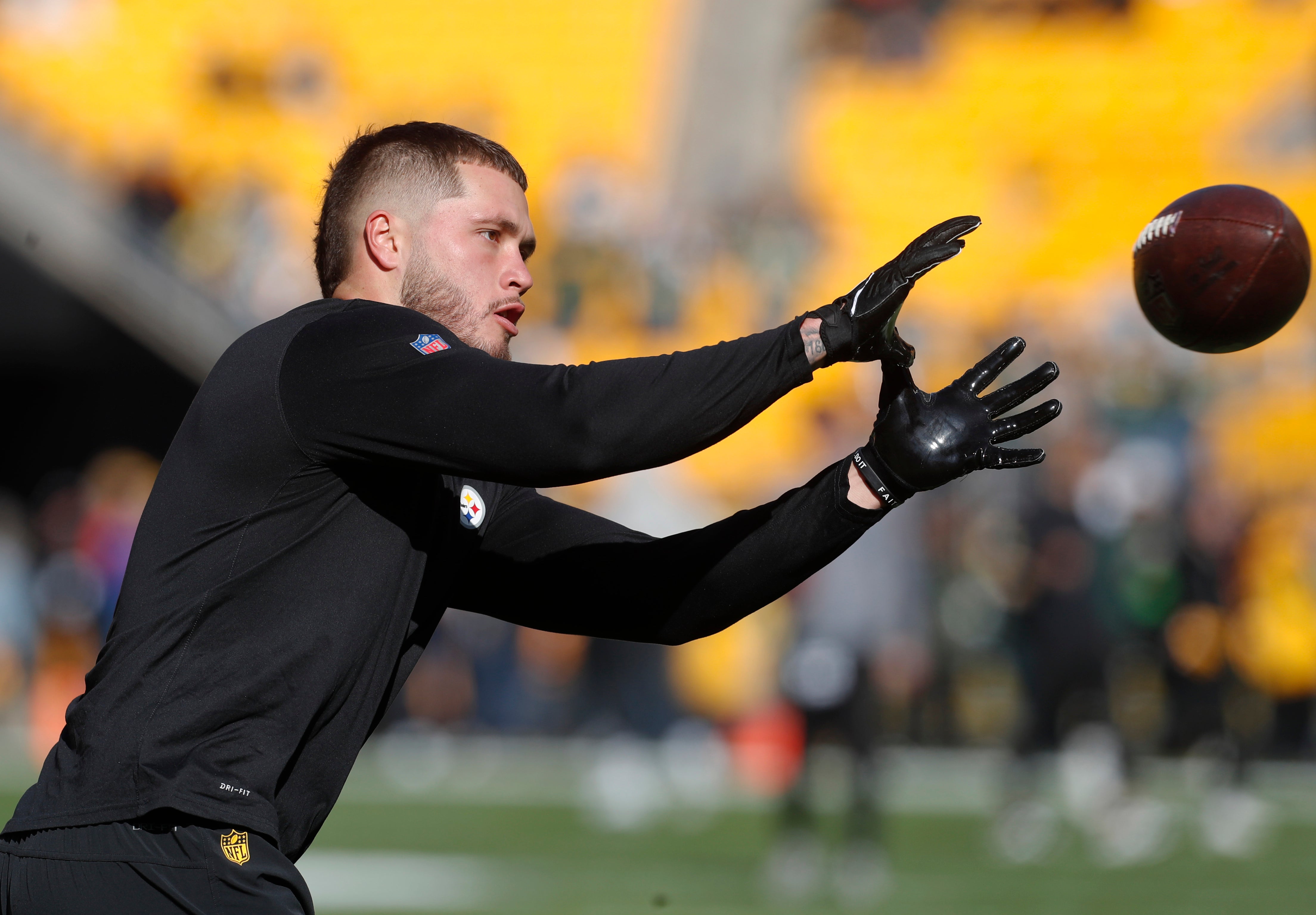 Nov 12, 2023; Pittsburgh, Pennsylvania, USA; Pittsburgh Steelers linebacker Nick Herbig (51) warms up before the game against the Green Bay Packers at Acrisure Stadium. Mandatory Credit: Charles LeClaire-USA TODAY Sports