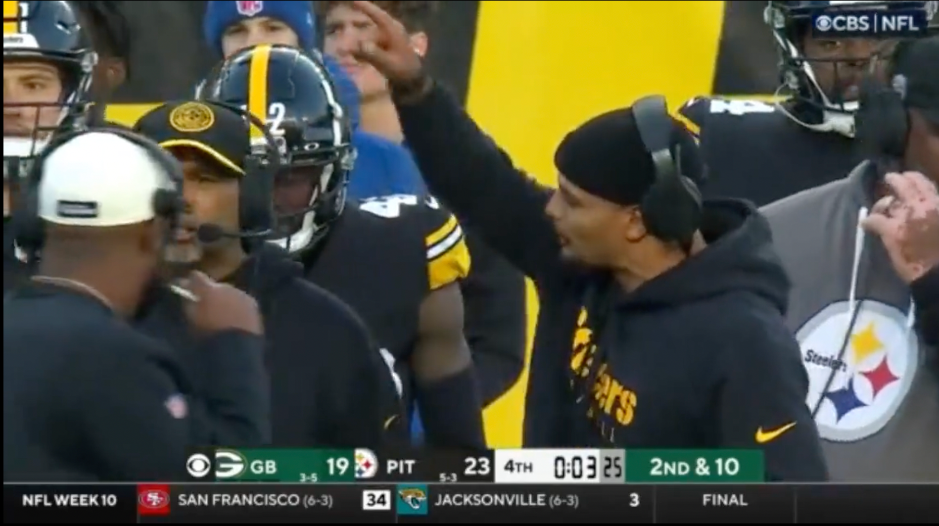 Pittsburgh Steelers Pro Bowl Safety Minkah Fitzpatrick signals for a timeout before game-winning interception