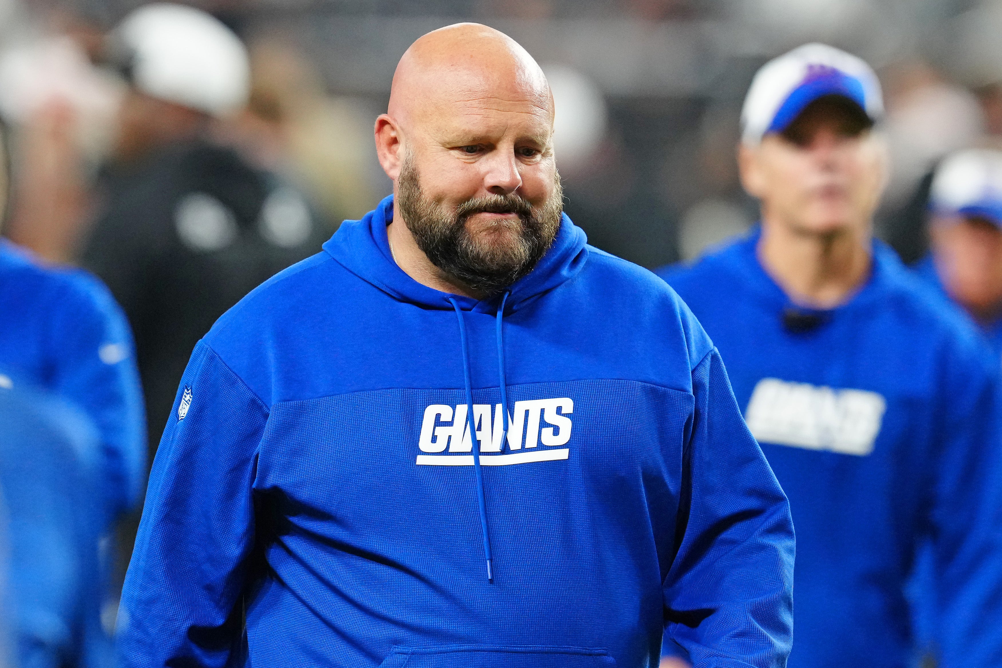 Nov 5, 2023; Paradise, Nevada, USA; New York Giants head coach Brian Daboll walks off the field after the Las Vegas Raiders defeated the Giants 30-6 at Allegiant Stadium.