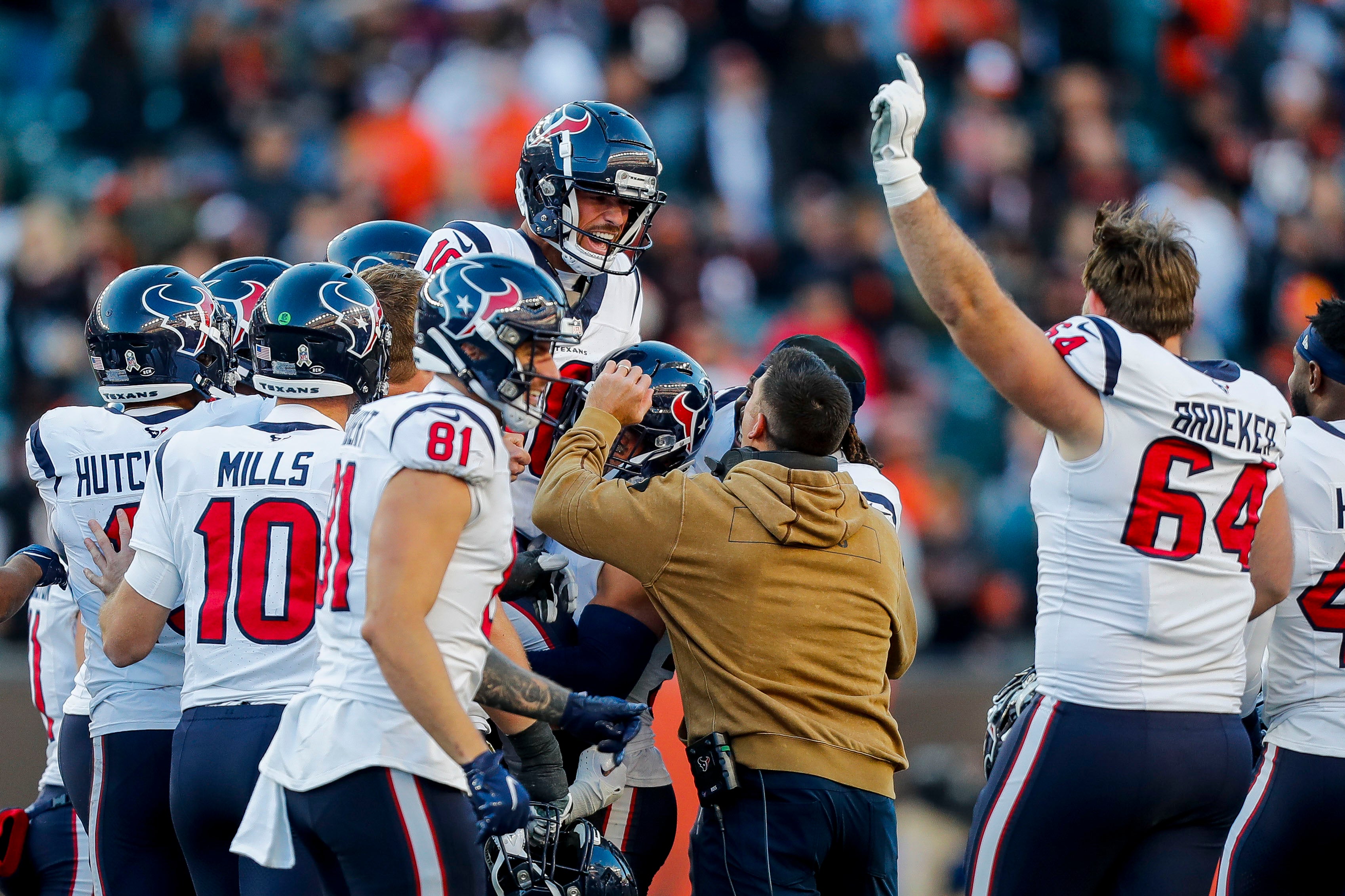 Nov 12, 2023; Cincinnati, Ohio, USA; Houston Texans place kicker Matt Ammendola (16) celebrates with teammates after the victory over the Cincinnati Bengals at Paycor Stadium.