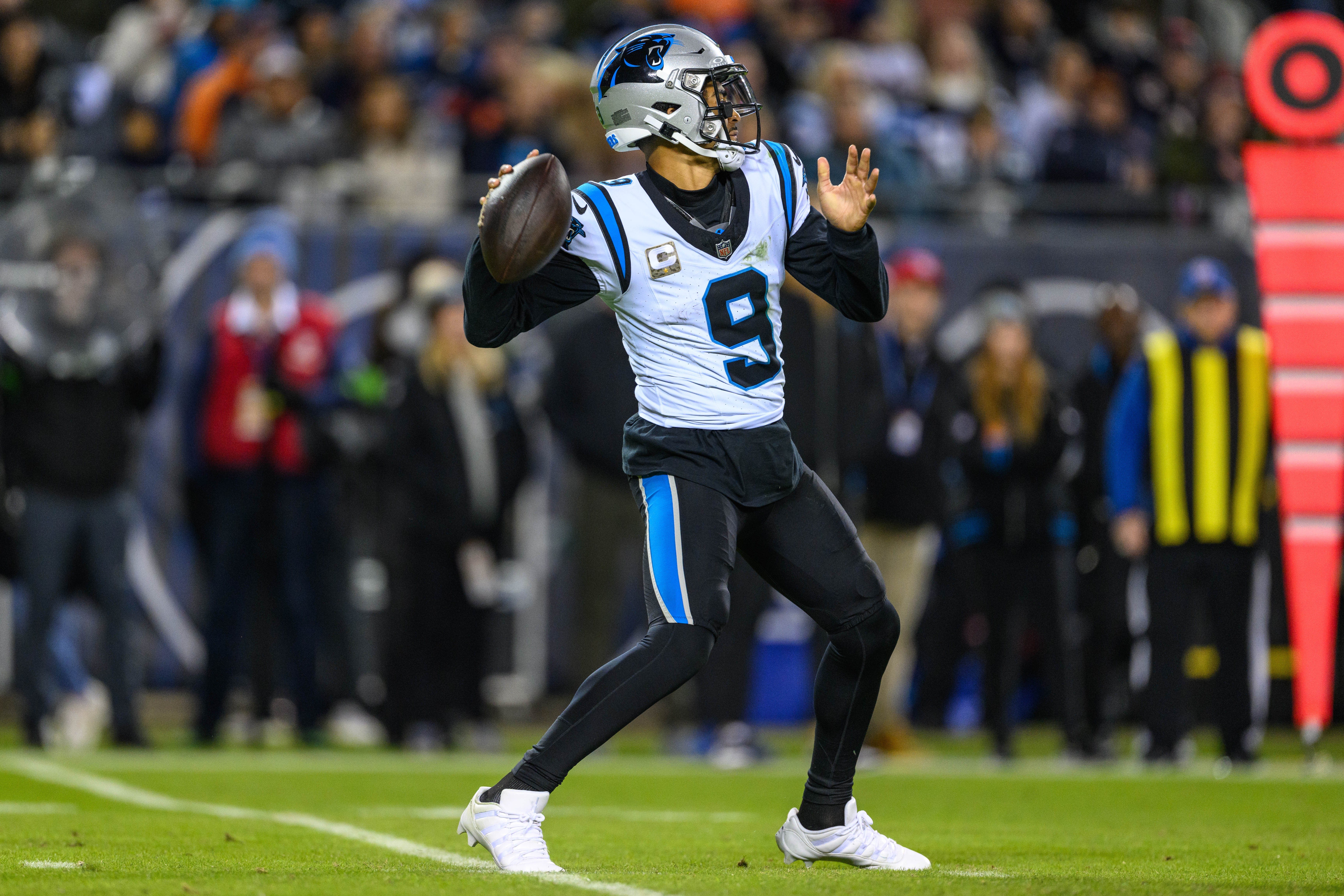 Nov 9, 2023; Chicago, Illinois, USA; Carolina Panthers quarterback Bryce Young (9) passes the ball against the Chicago Bears during the first quarter at Soldier Field. Mandatory Credit: Daniel Bartel-USA TODAY Sports