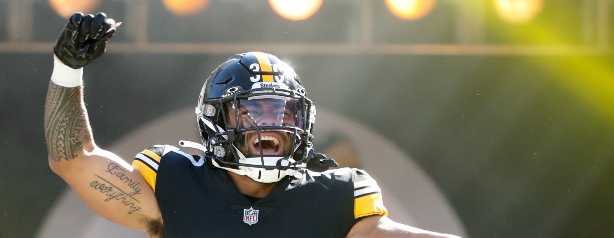 Nov 12, 2023; Pittsburgh, Pennsylvania, USA; Pittsburgh Steelers running back Jaylen Warren (30) reacts as he takes the field against the Green Bay Packers at Acrisure Stadium. Mandatory Credit: Charles LeClaire-USA TODAY Sports