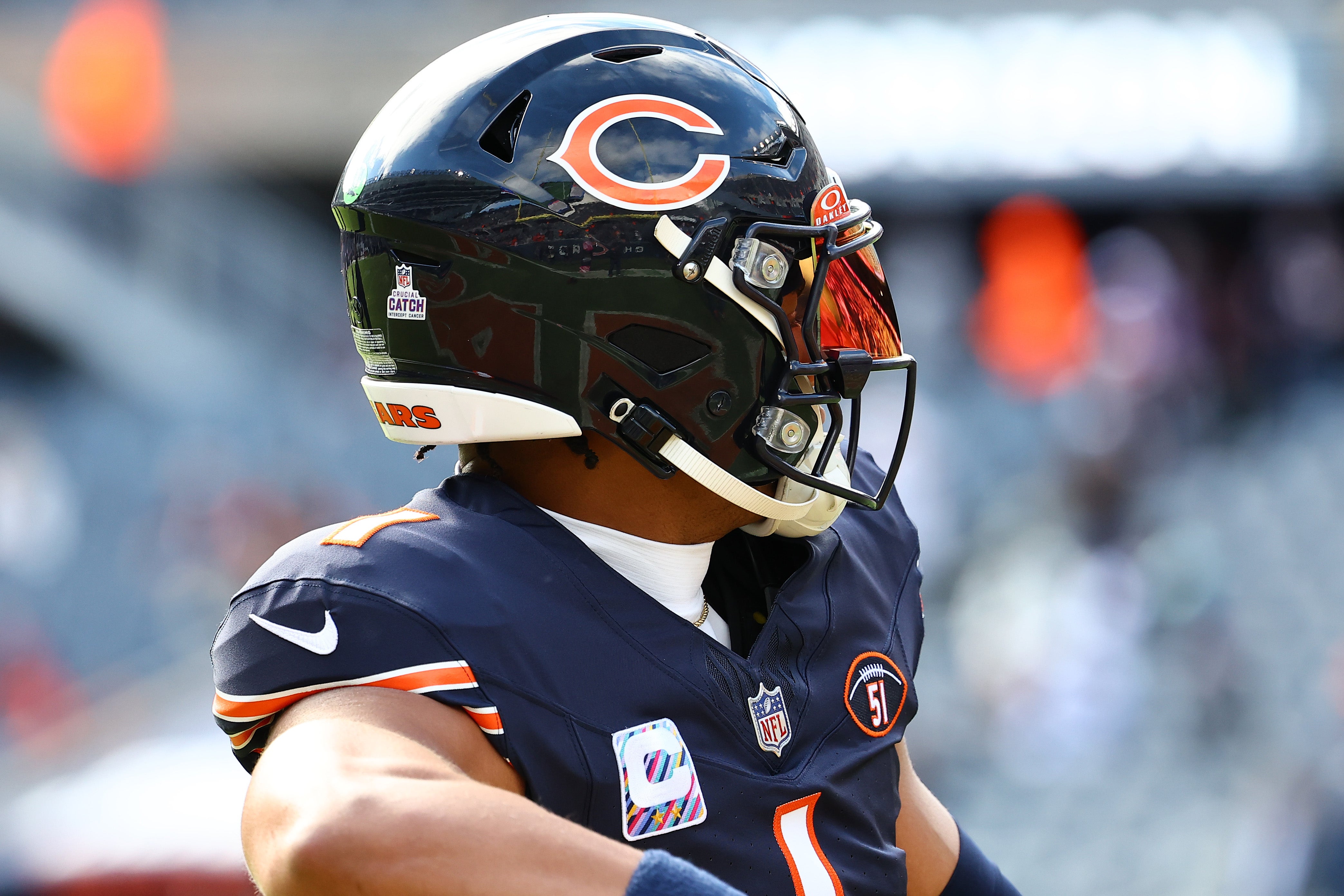 Oct 15, 2023; Chicago, Illinois, USA; Chicago Bears quarterback Justin Fields (1) practices before the game against the Minnesota Vikings at Soldier Field.