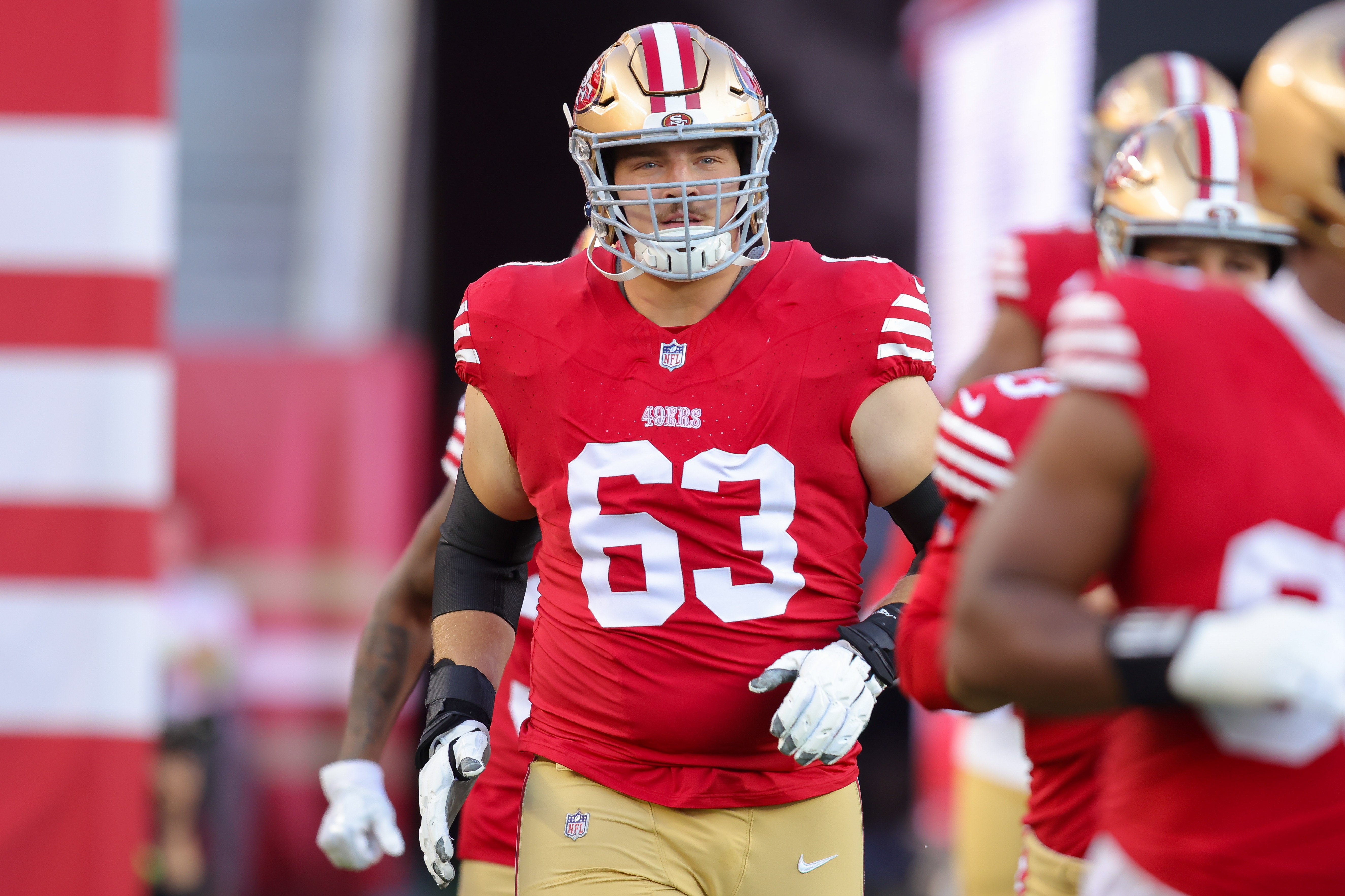 Aug 25, 2023; Santa Clara, California, USA; San Francisco 49ers offensive tackle Nick Zakelj (63) during the game against the Los Angeles Chargers at Levi's Stadium.