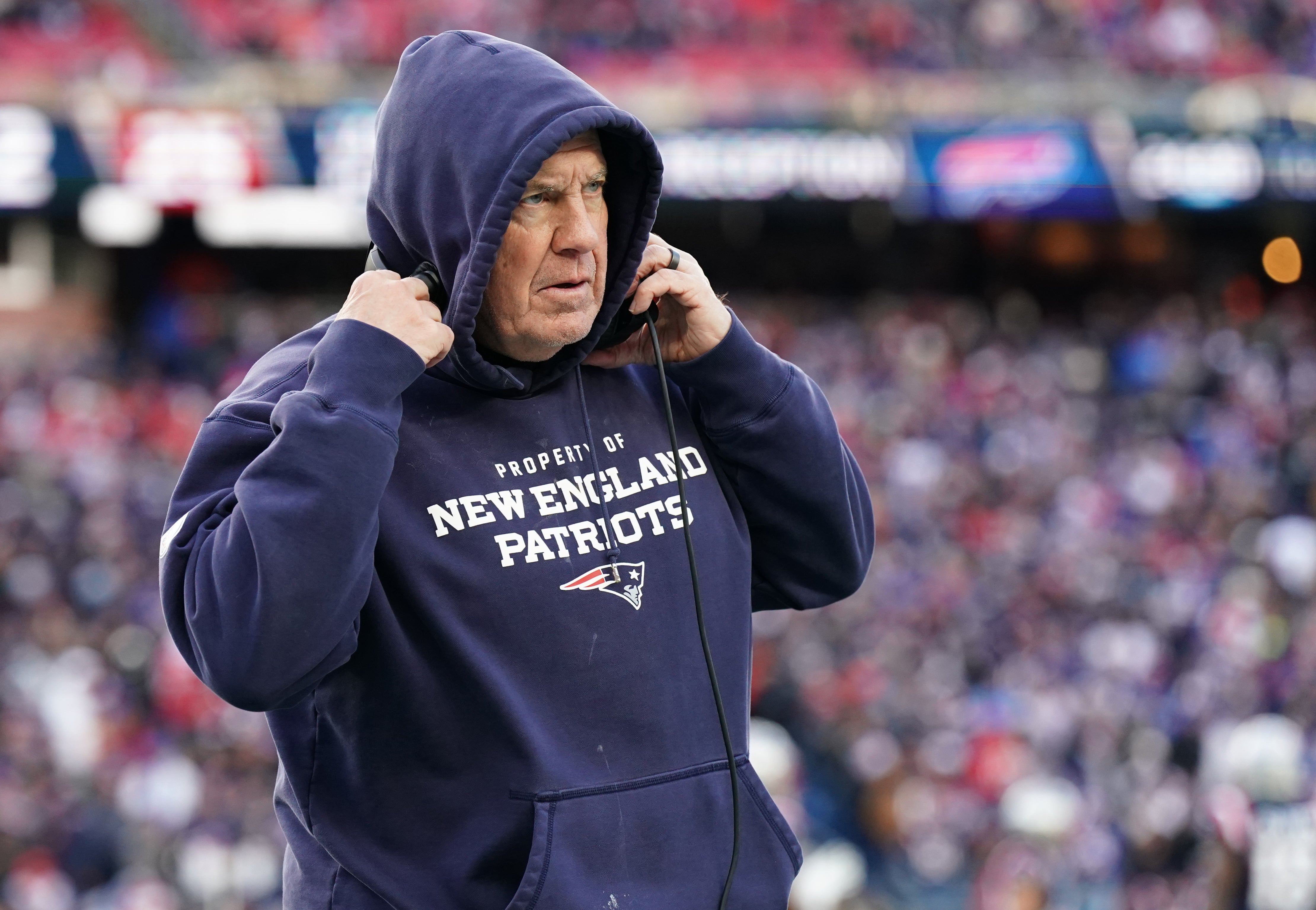 New England Patriots head coach Bill Belichick watches from the sideline