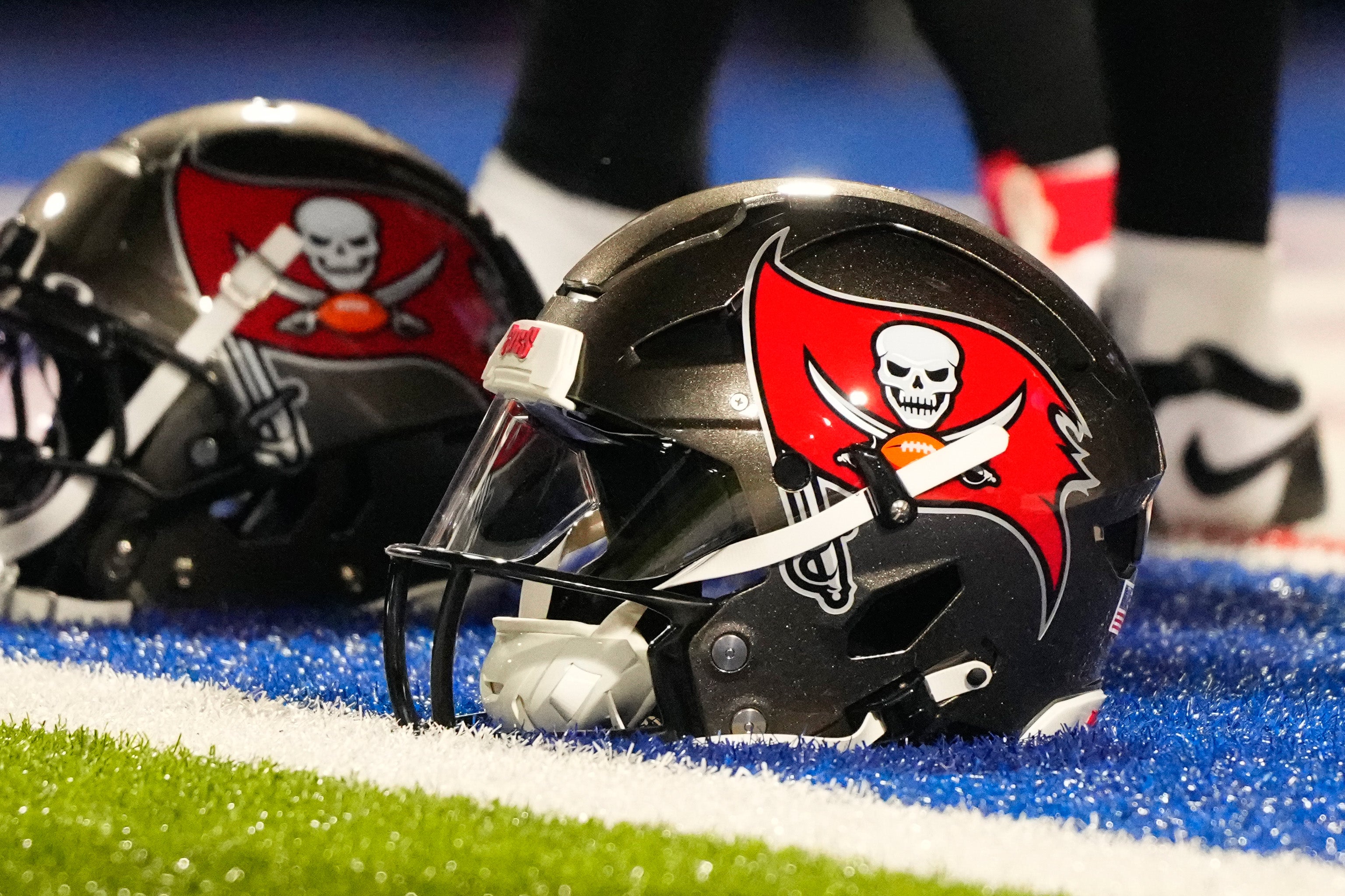 Oct 26, 2023; Orchard Park, New York, USA; A general view of Tampa Bay Buccaneer helmets prior to the game against the Buffalo Bills at Highmark Stadium. Mandatory Credit: Gregory Fisher-USA TODAY Sports