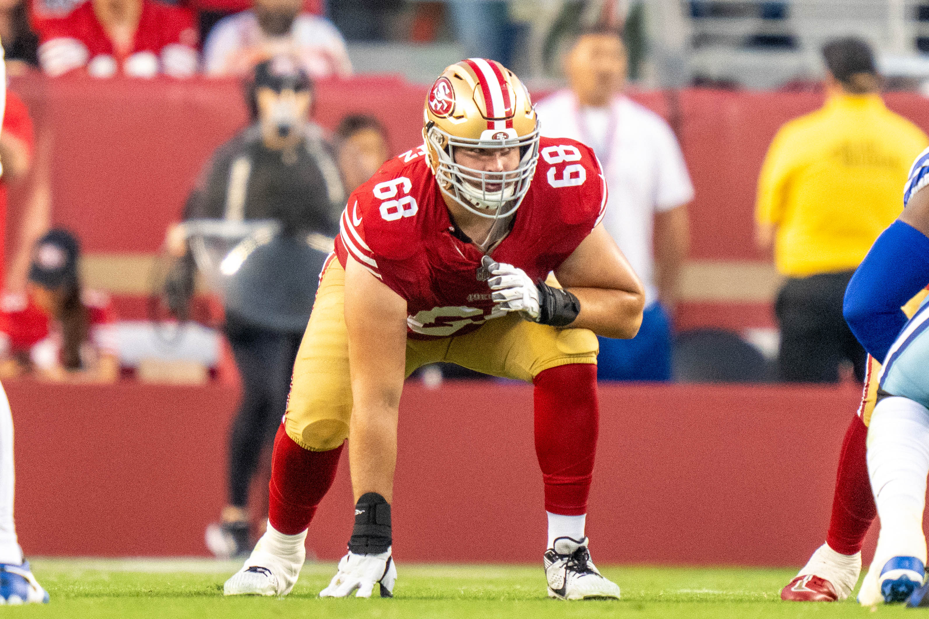 October 8, 2023; Santa Clara, California, USA; San Francisco 49ers offensive tackle Colton McKivitz (68) during the second quarter against the Dallas Cowboys at Levi's Stadium.
