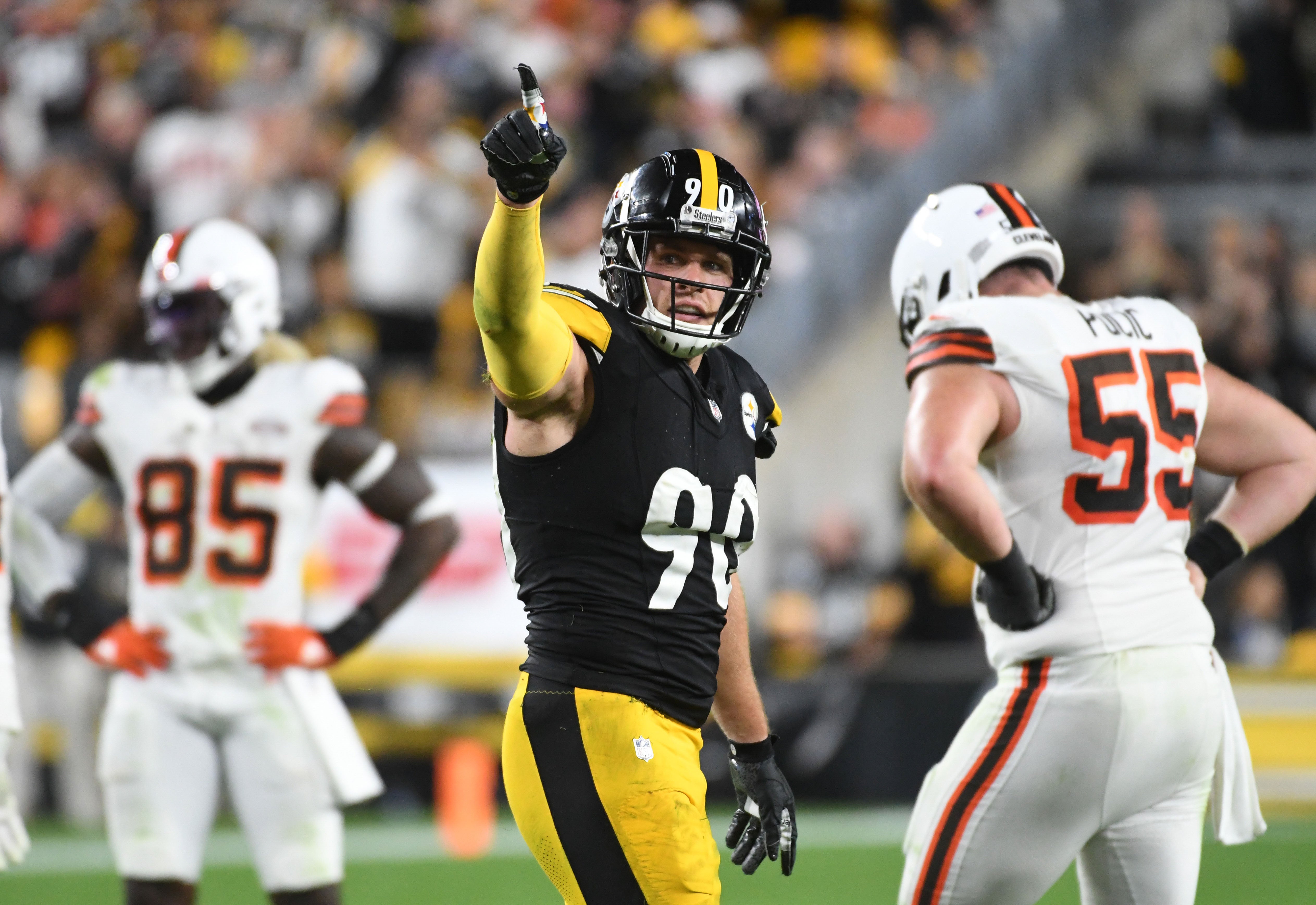 Sep 18, 2023; Pittsburgh, Pennsylvania, USA; Pittsburgh Steelers linebacker T.J. Watt acknowledges the crowd as they play the Cleveland Browns at Acrisure Stadium. Mandatory Credit: Philip G. Pavely-USA TODAY Sports  