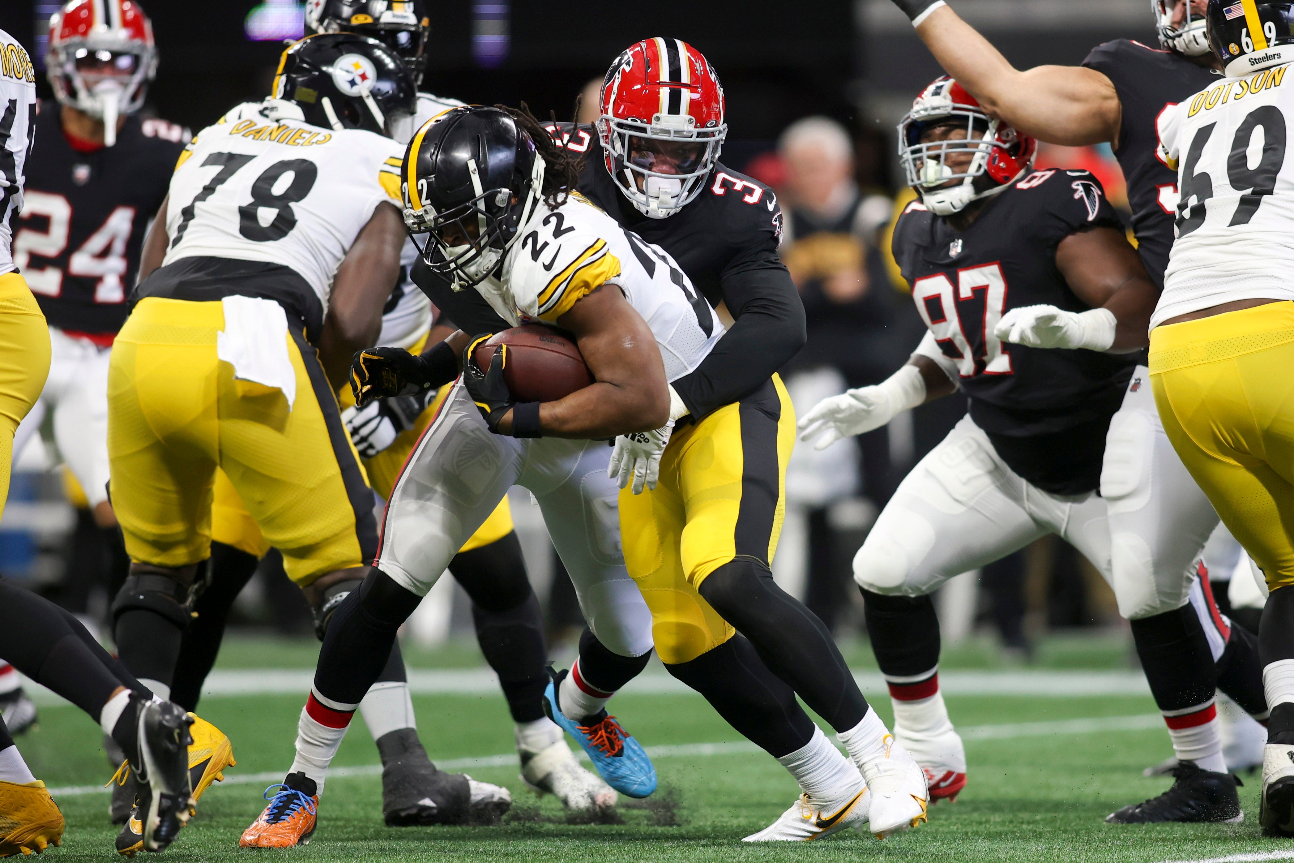 Dec 4, 2022; Atlanta, Georgia, USA; Atlanta Falcons linebacker Mykal Walker (3) tackles Pittsburgh Steelers running back Najee Harris (22) in the first quarter at Mercedes-Benz Stadium. Mandatory Credit: Brett Davis-USA TODAY Sports