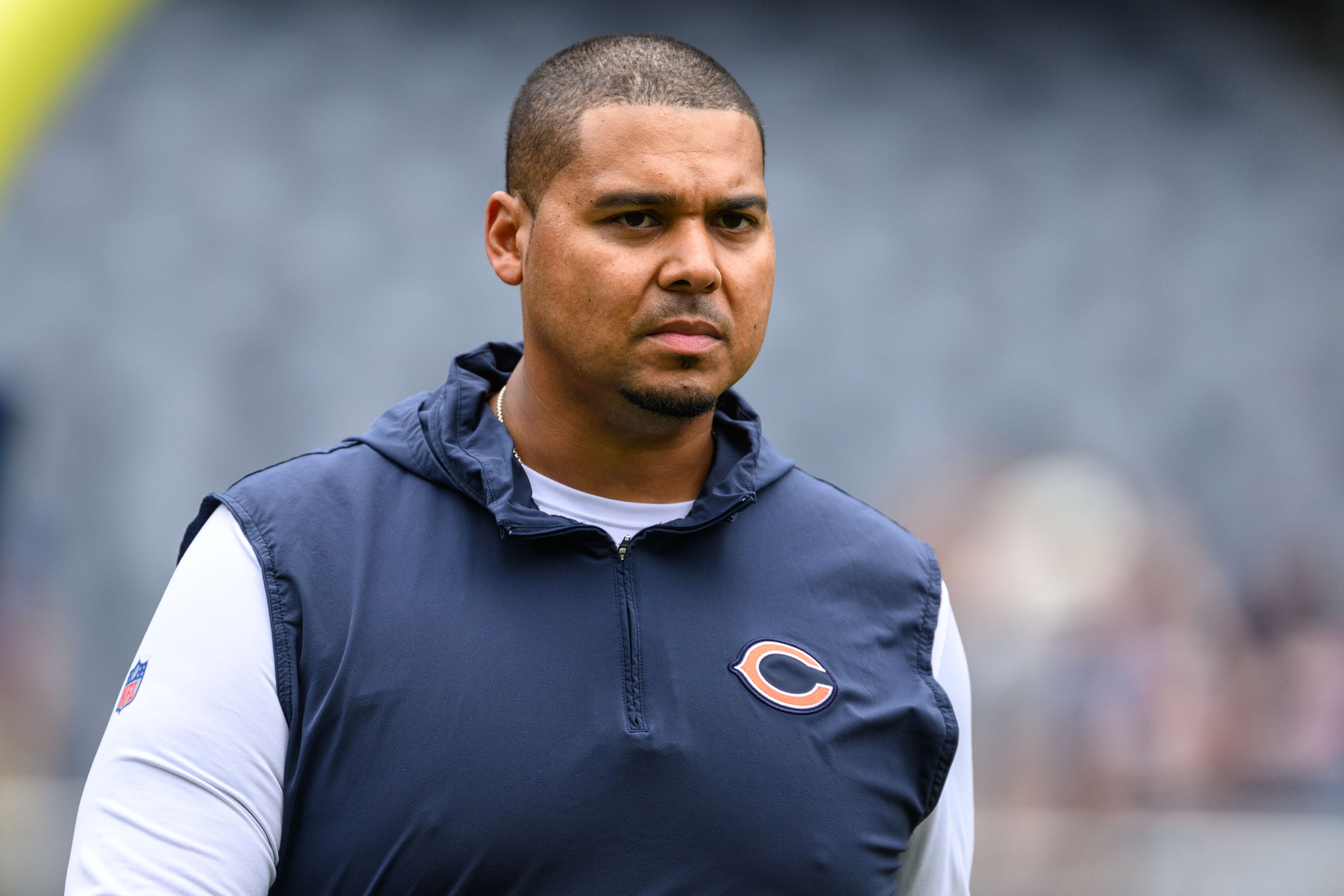 Aug 26, 2023; Chicago, Illinois, USA; Chicago Bears general manager Ryan Poles looks on before a game against the Buffalo Bills at Soldier Field.