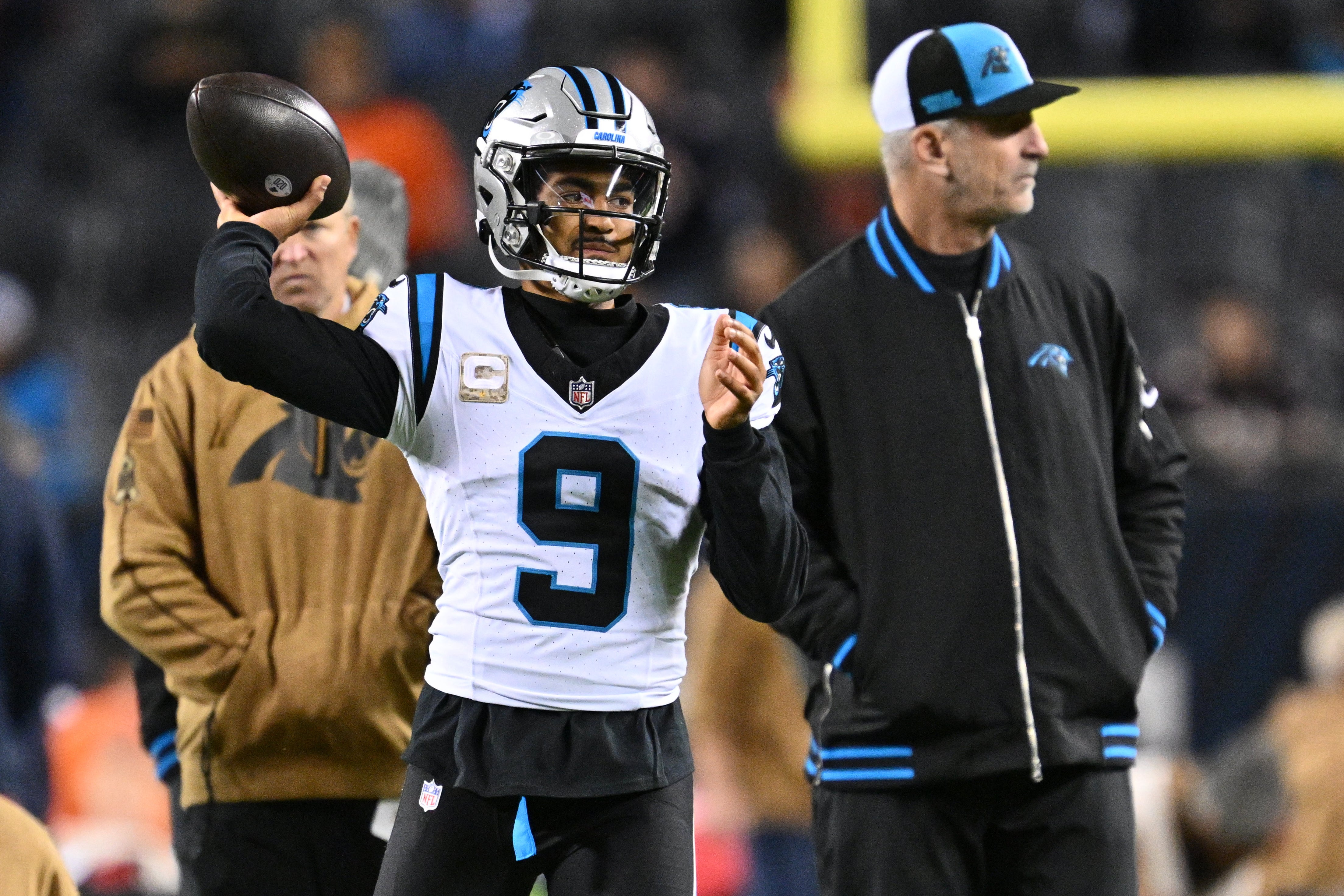 Nov 9, 2023; Chicago, Illinois, USA; Carolina Panthers quarterback Bryce Young (9) warms up before a game against the Chicago Bears at Soldier Field. Mandatory Credit: Jamie Sabau-USA TODAY Sports
