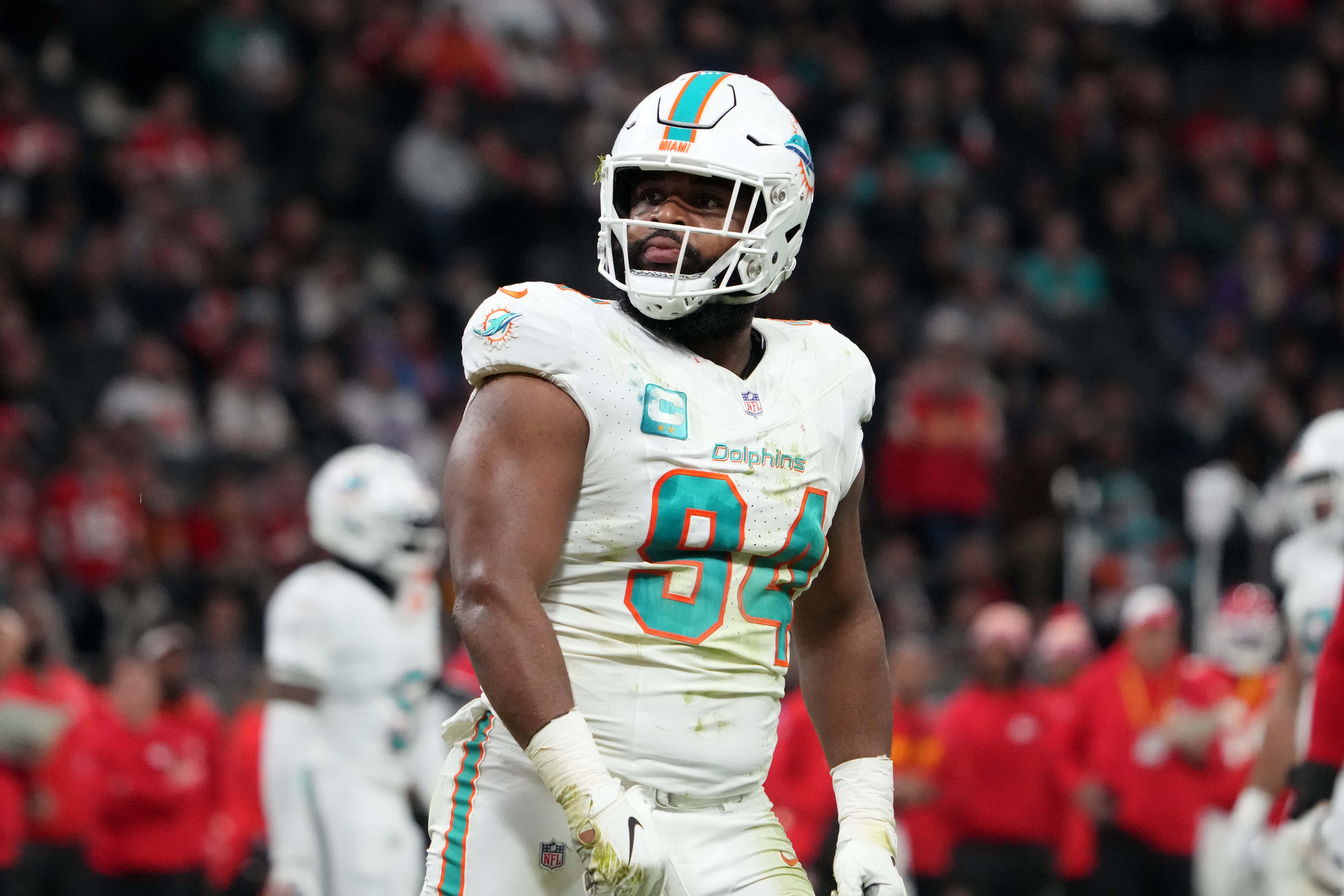 Nov 5, 2023; Frankfurt, Germany; Miami Dolphins defensive tackle Christian Wilkins (94) reacts against the Kansas City Chiefs in the first half during an NFL International Series game at Deutsche Bank Park. Mandatory Credit: Kirby Lee-USA TODAY Sports