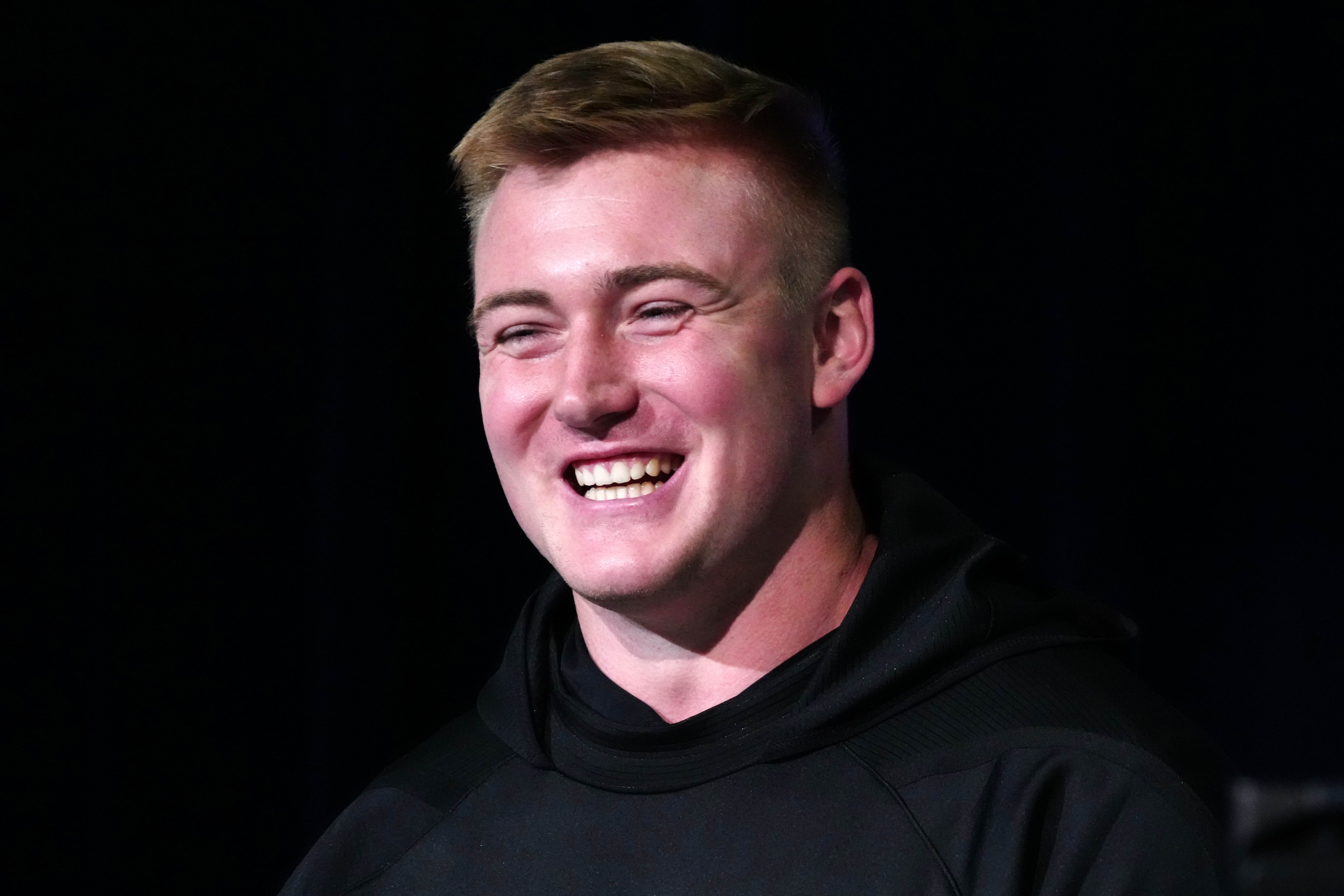 Mar 3, 2022; Indianapolis, IN, USA; Central Michigan offensive lineman Bernhard Raimann during the NFL Scouting Combine at the Indiana Convention Center.