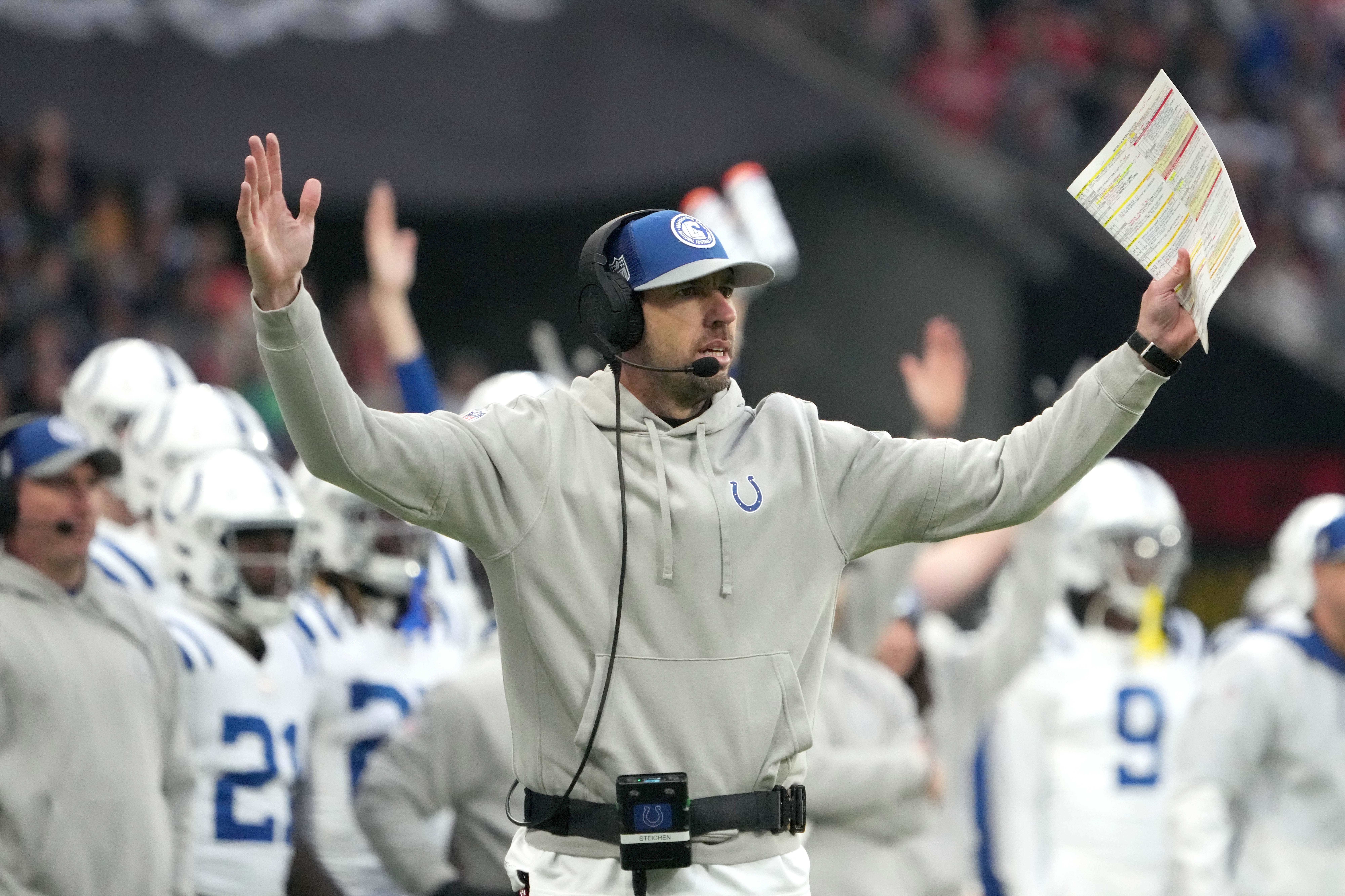 Nov 12, 2023; Frankfurt, Germany; Indianapolis Colts coach Shane Steichen reacts against the New England Patriots in the first half during an NFL International Series game at Deutsche Bank Park.