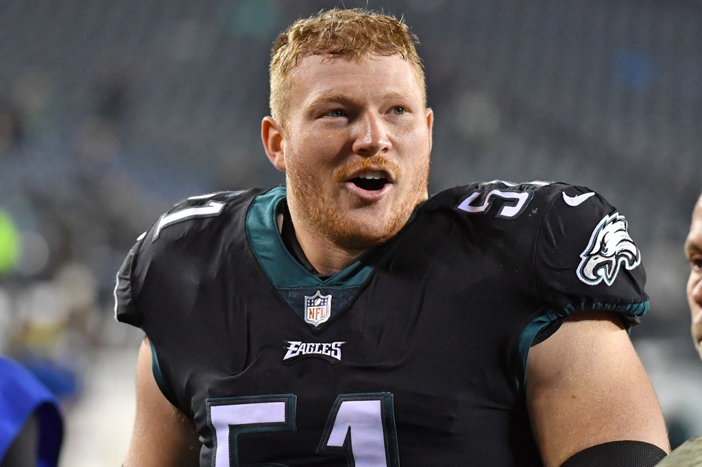 Philadelphia Eagles center Cam Jurgens walks off the field after win against the Green Bay Packers at Lincoln Financial Field.