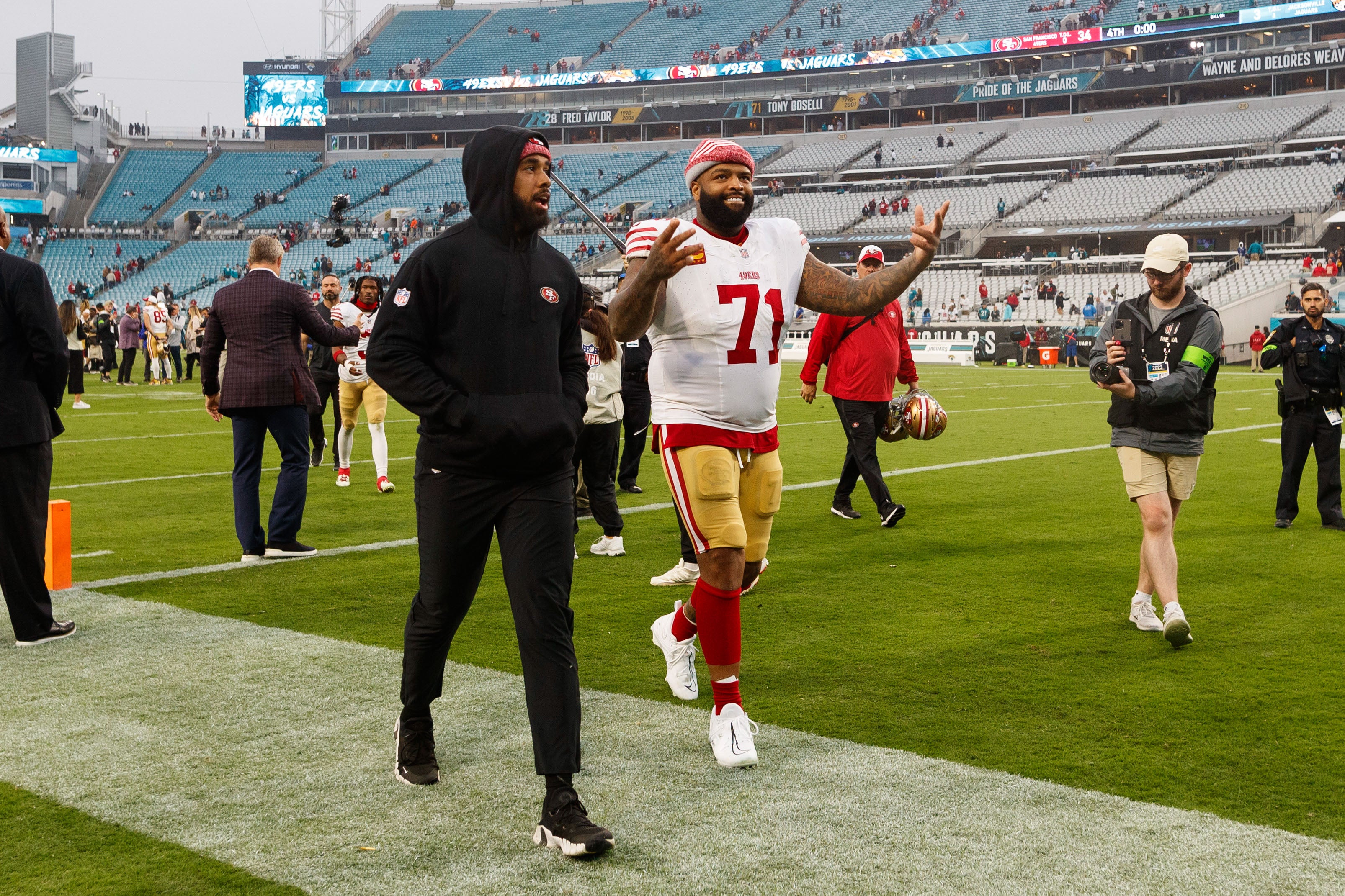 Nov 12, 2023; Jacksonville, Florida, USA; San Francisco 49ers tackle Trent Williams (71) after the win against the Jacksonville Jaguars at EverBank Stadium.