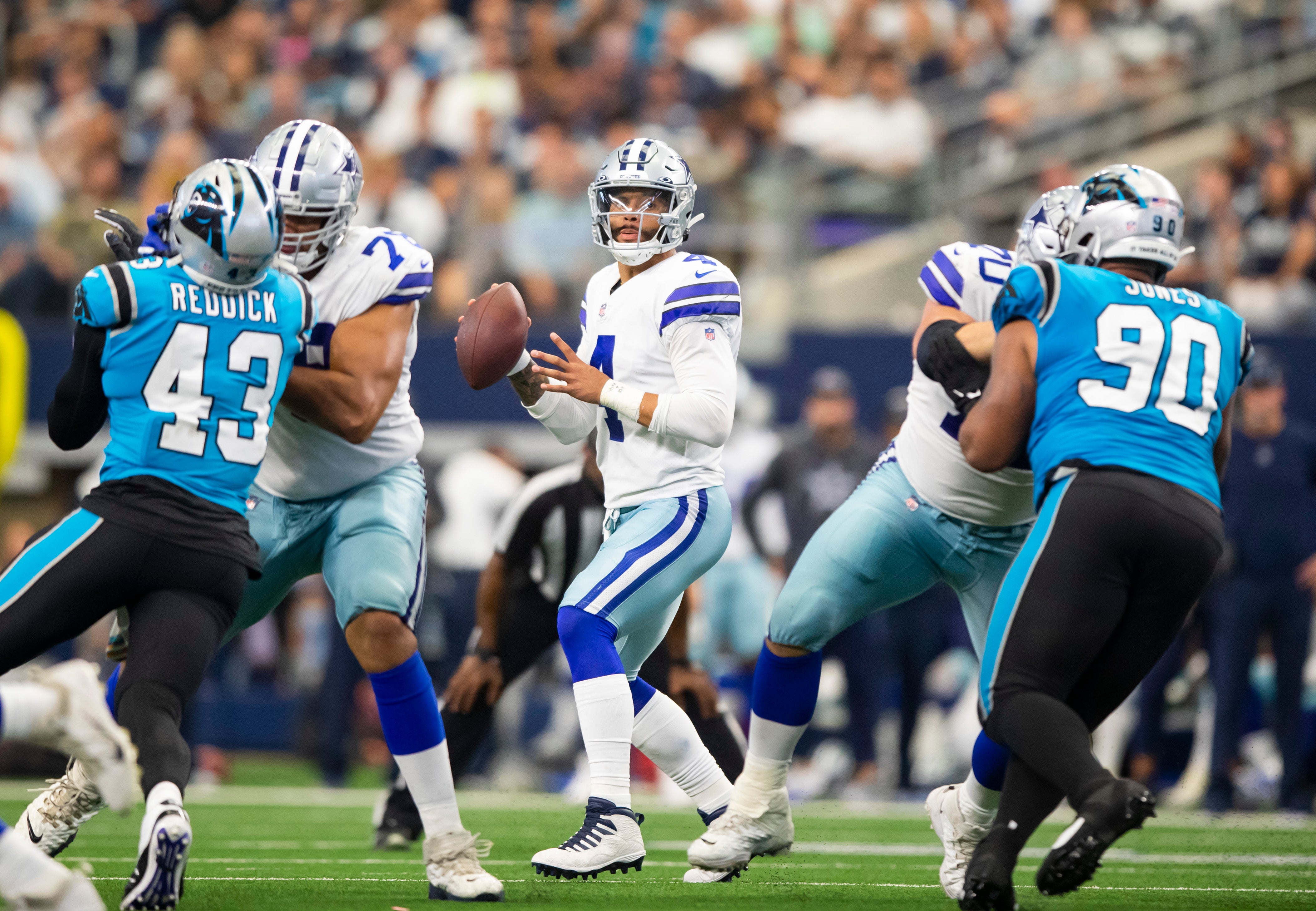 Dallas Cowboys quarterback Dak Prescott (4) against the Carolina Panthers at AT&T Stadium.