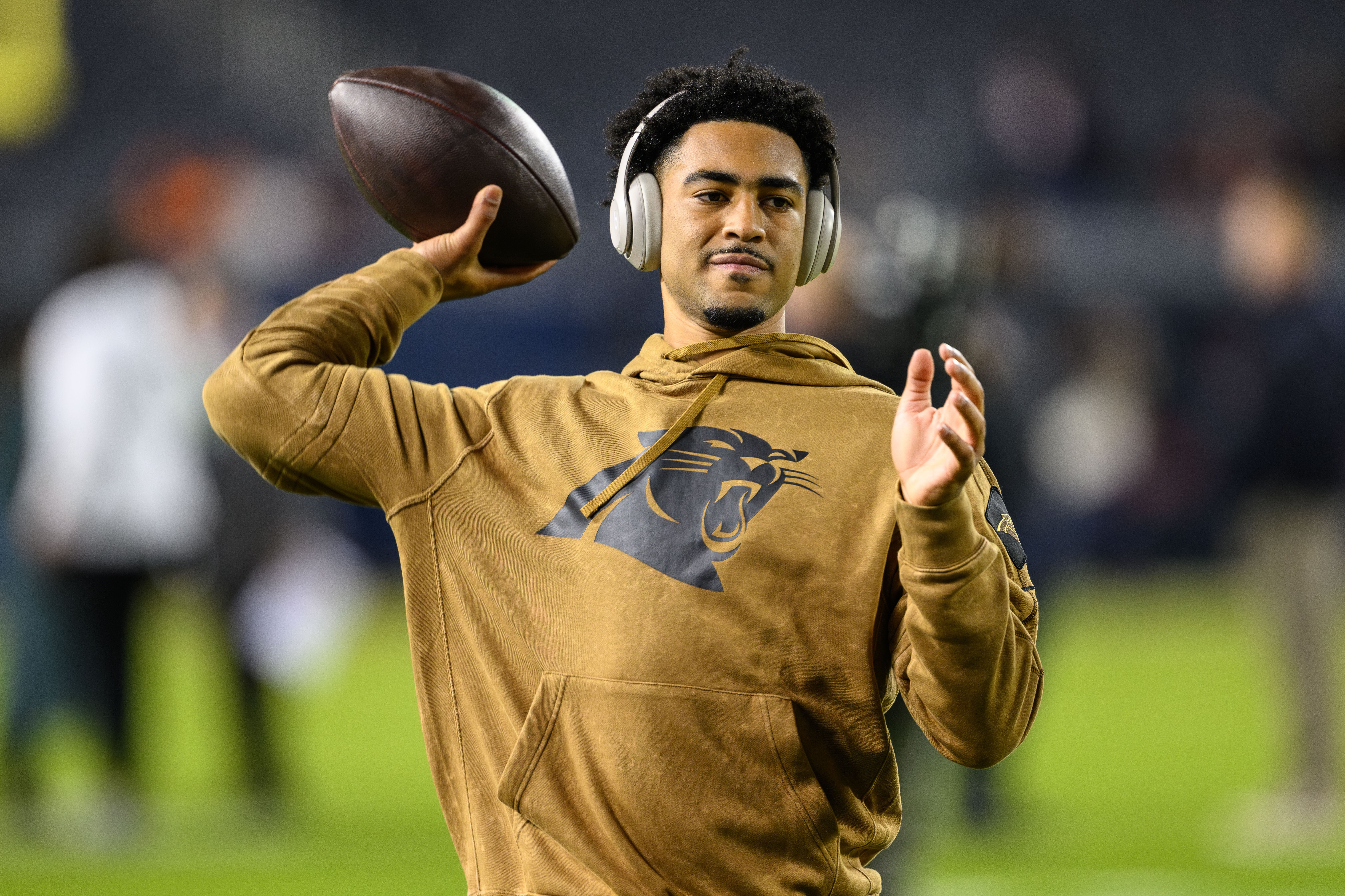 Nov 9, 2023; Chicago, Illinois, USA; Carolina Panthers quarterback Bryce Young (9) warms up before a game against the Chicago Bears at Soldier Field. Mandatory Credit: Daniel Bartel-USA TODAY Sports