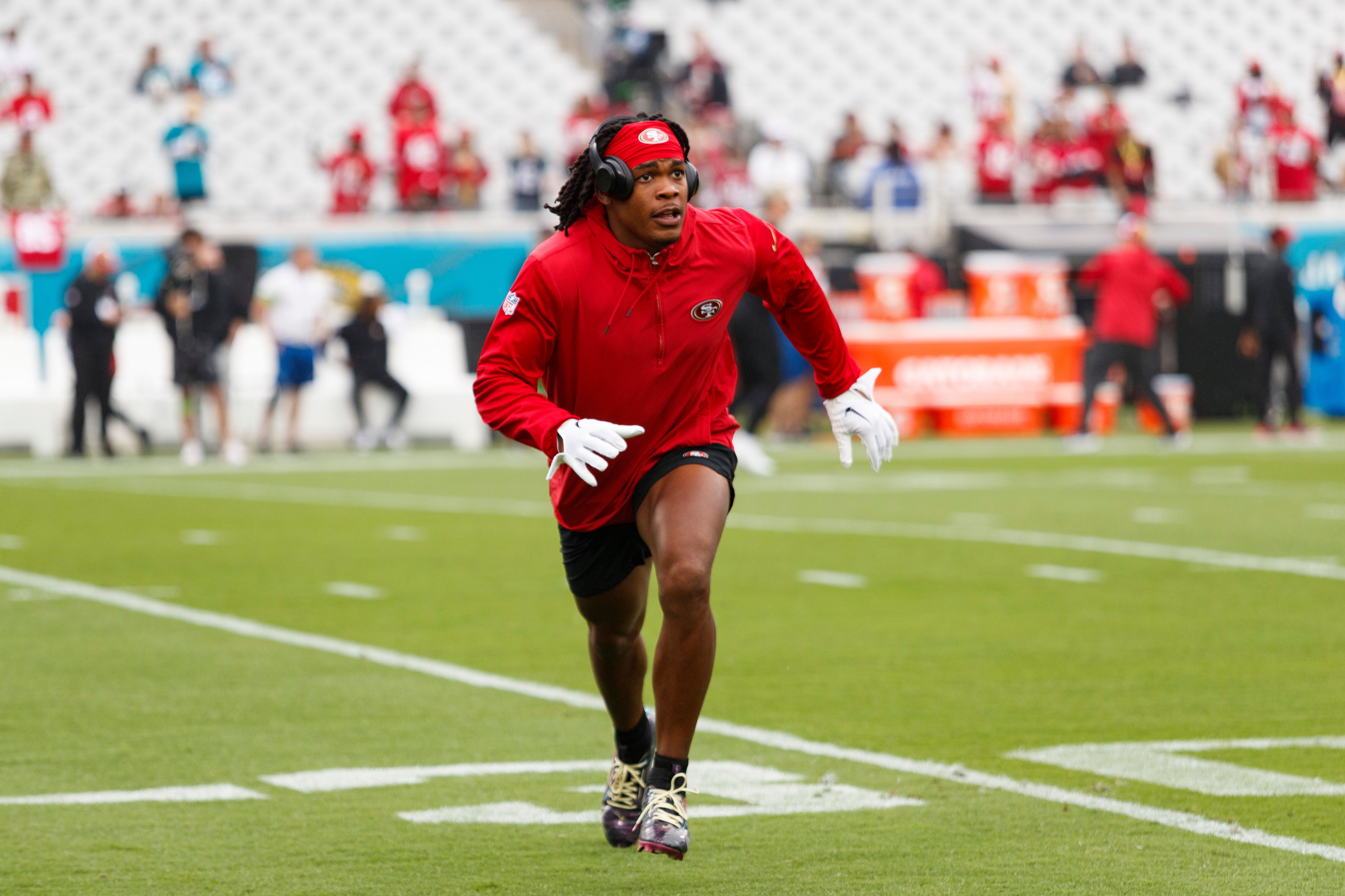 Nov 12, 2023; Jacksonville, Florida, USA; San Francisco 49ers safety Ji'Ayir Brown (27) during the warm ups before the game against the Jacksonville Jaguars at EverBank Stadium.