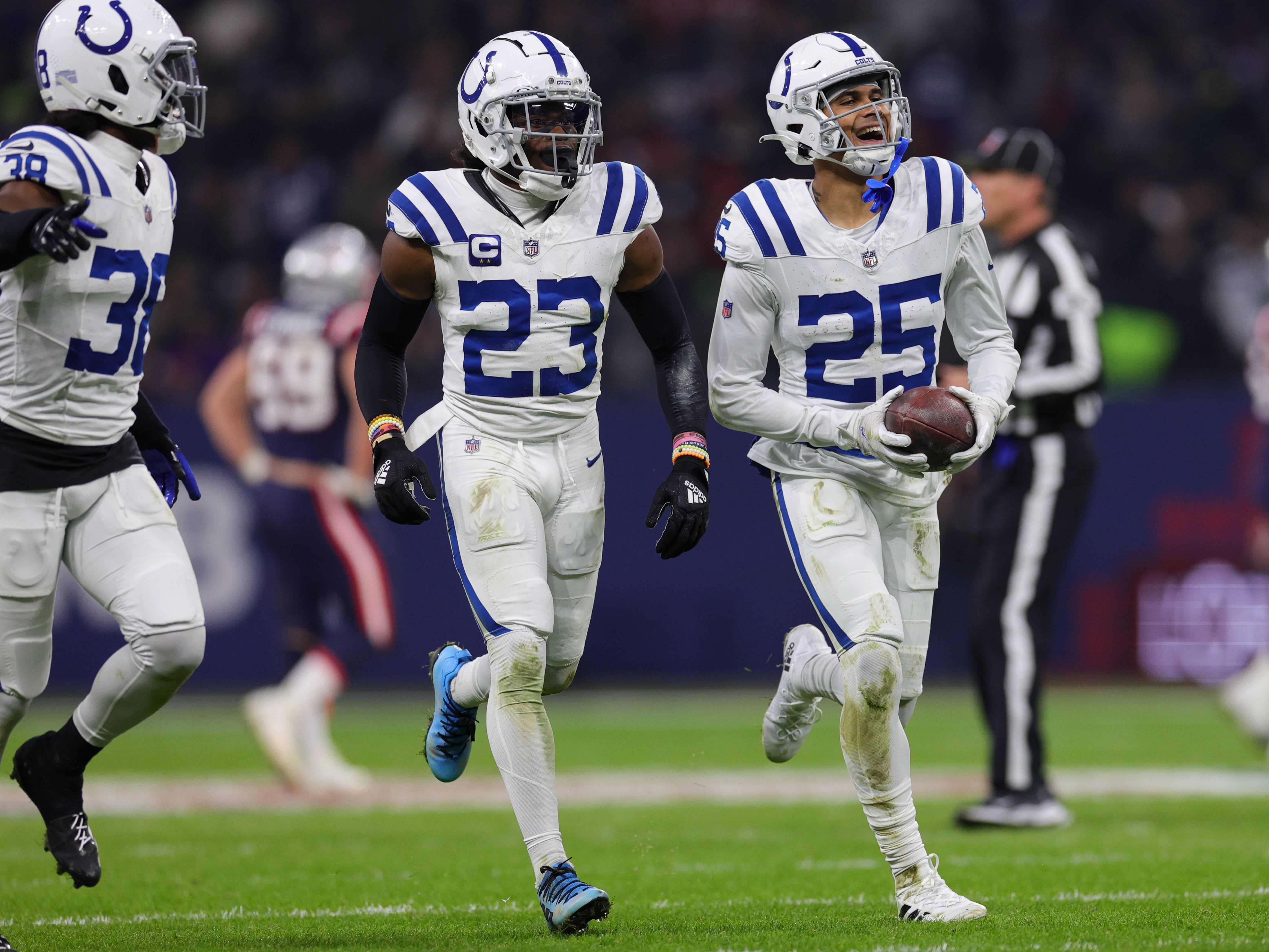 Nov 12, 2023; Frankfurt, Germany; Indianapolis Colts safety Rodney Thomas II (25) celebrates after intercepting the ball against the New England Patriots in the fourth quarter during an International Series game at Deutsche Bank Park.