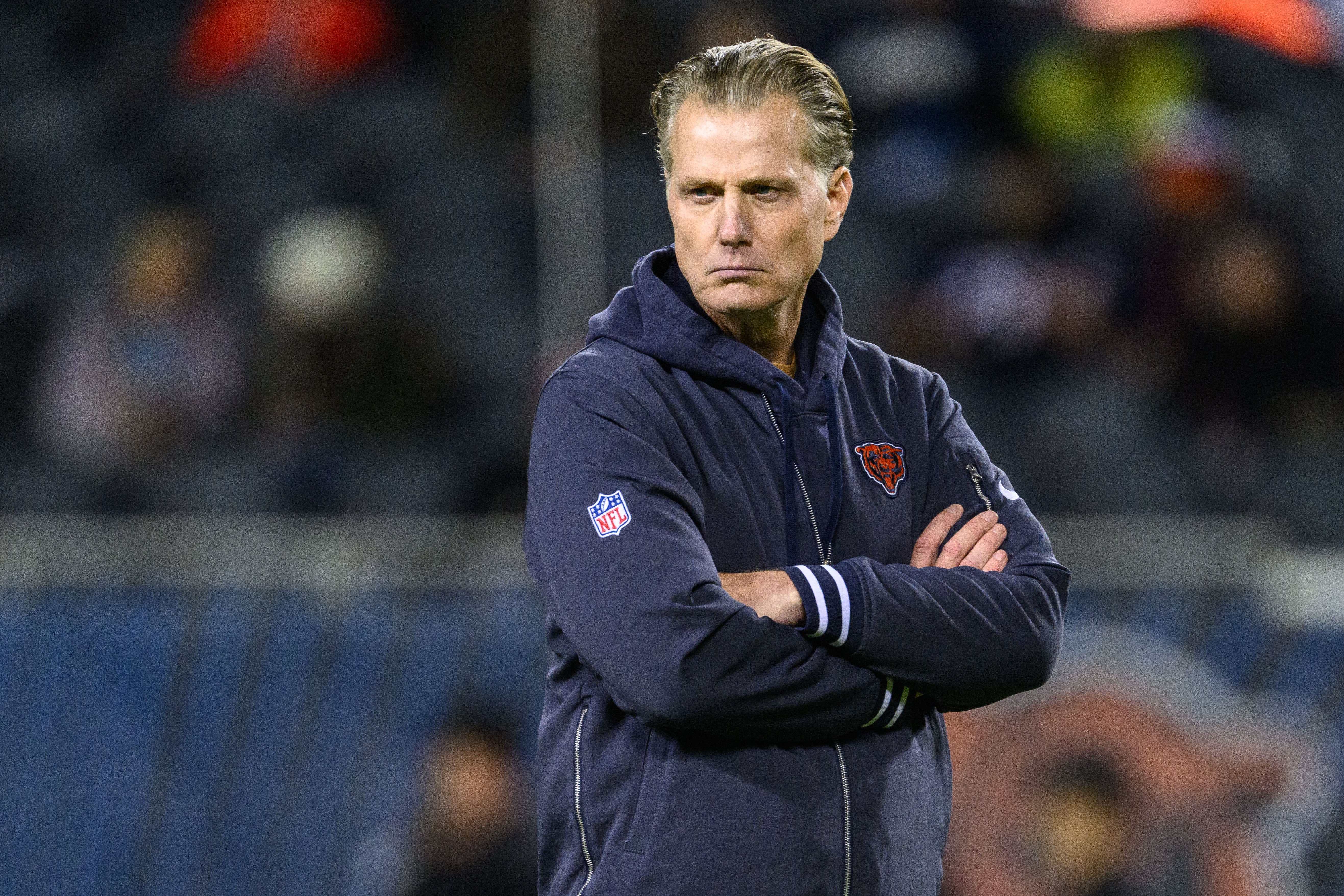 Nov 9, 2023; Chicago, Illinois, USA; Chicago Bears head coach Matt Eberflus looks on before a game against the Carolina Panthers at Soldier Field.