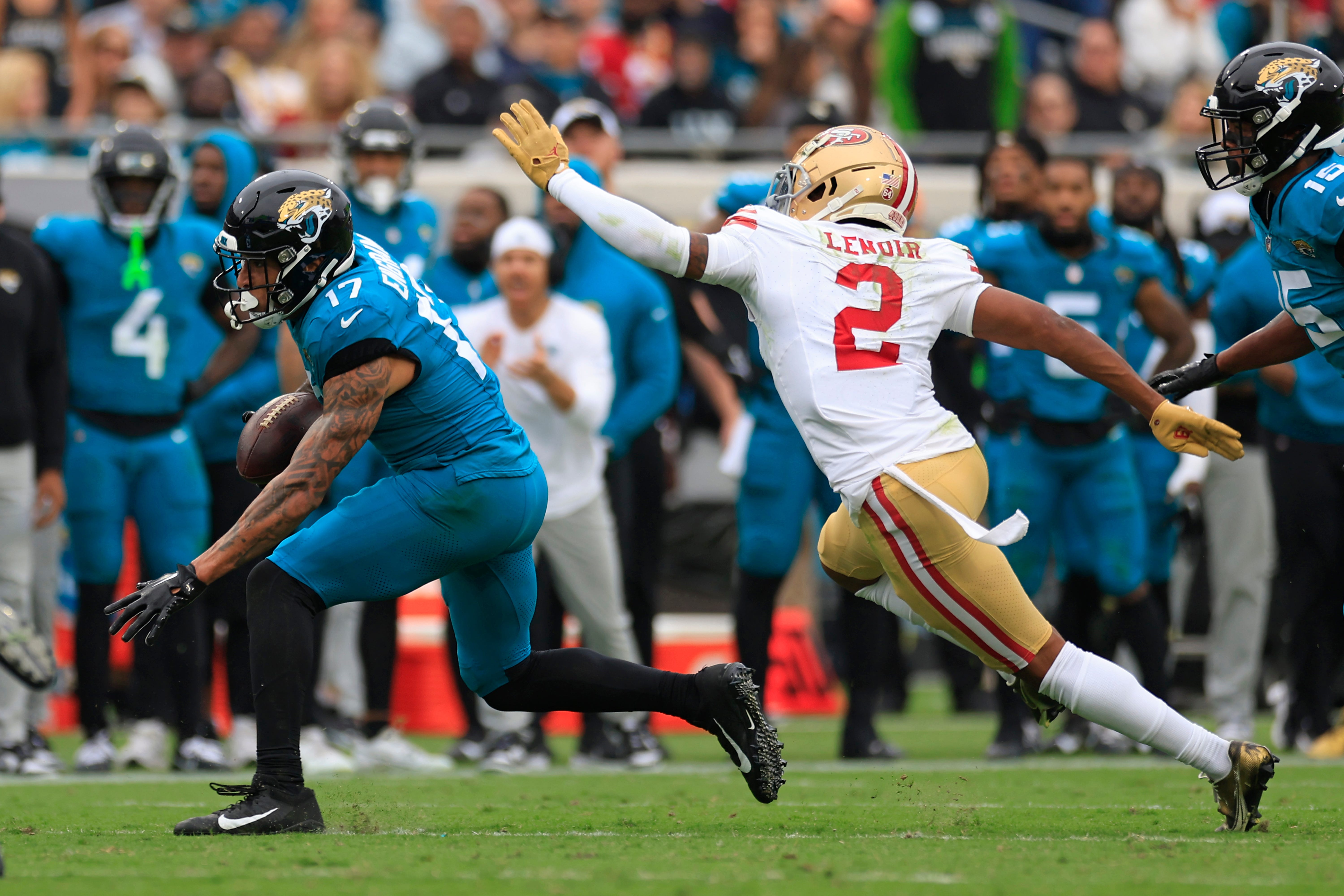 Jacksonville Jaguars tight end Evan Engram (17) is pressured by San Francisco 49ers cornerback Deommodore Lenoir (2) during the second quarter of an NFL football game Sunday, Nov. 12, 2023 at EverBank Stadium in Jacksonville, Fla. The San Francisco 49ers defeated the Jacksonville Jaguars 34-3.