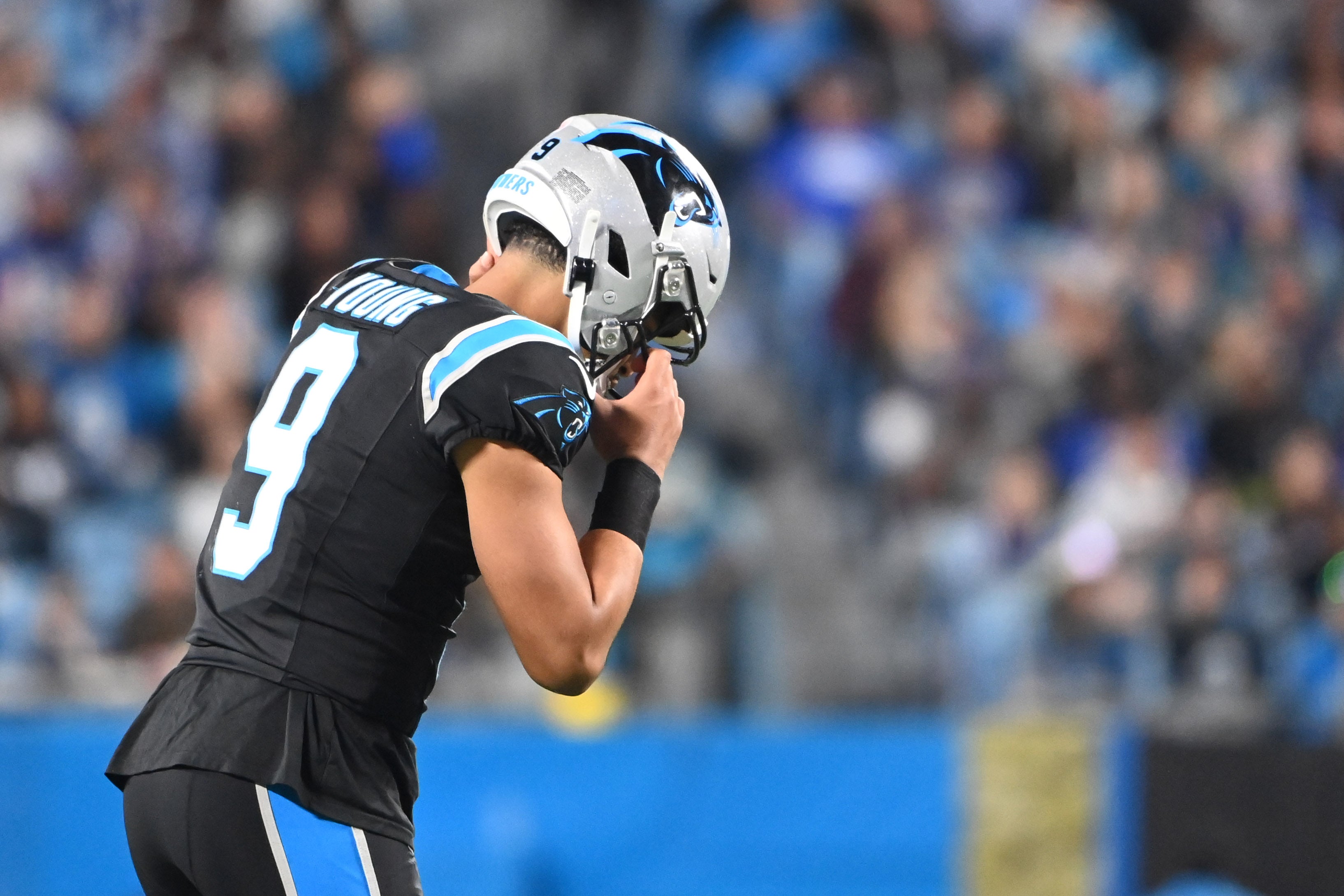 Nov 5, 2023; Charlotte, North Carolina, USA; Carolina Panthers quarterback Bryce Young (9) on the field in the third quarter at Bank of America Stadium. Mandatory Credit: Bob Donnan-USA TODAY Sports