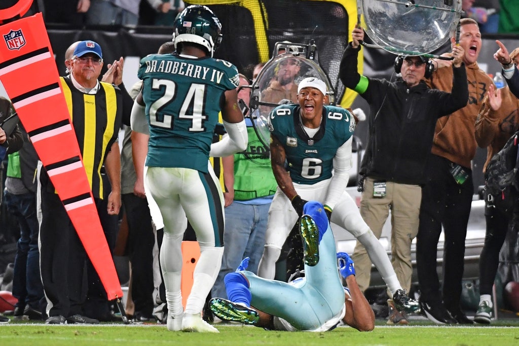 Eagles wide receiver DeVonta Smith reacts on the sidelines after cornerback James Bradberry broke up a pass intended for Dallas Cowboys wide receiver Jalen Tolbert.