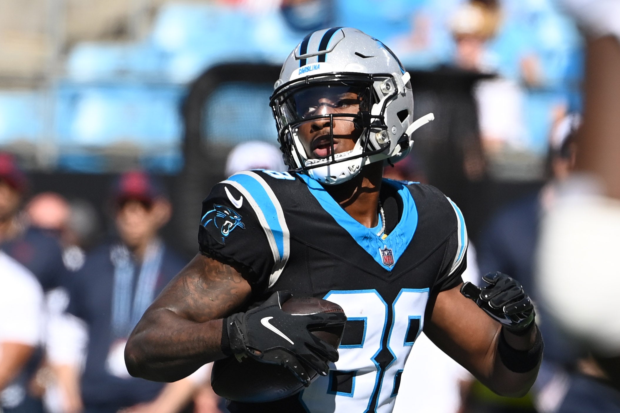 Oct 29, 2023; Charlotte, North Carolina, USA; Carolina Panthers wide receiver Terrace Marshall Jr. (88) after making a catch in the second quarter at Bank of America Stadium. Mandatory Credit: Bob Donnan-USA TODAY Sports