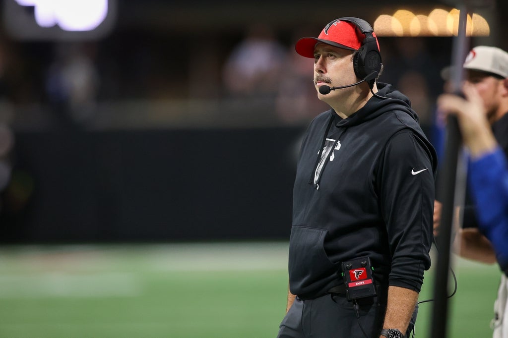 Atlanta Falcons head coach Arthur Smith on the sideline against the Washington Commanders in the second quarter at Mercedes-Benz Stadium.
