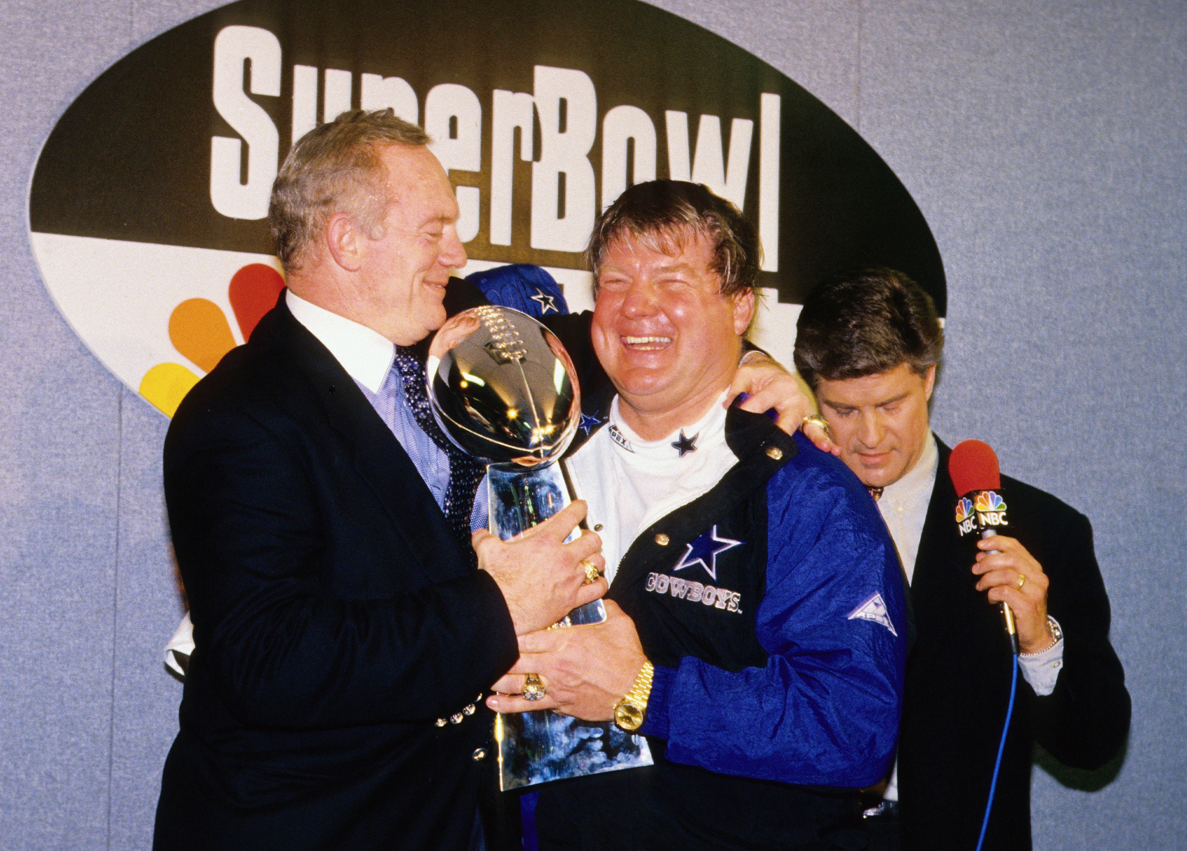 Dallas Cowboys owner Jerry Jones and head coach Jimmy Johnson with the Lombardi trophy after defeating the Buffalo Bills during Super Bowl XXVIII at the Georgia Dome. Dallas defeated Buffalo 30-13.