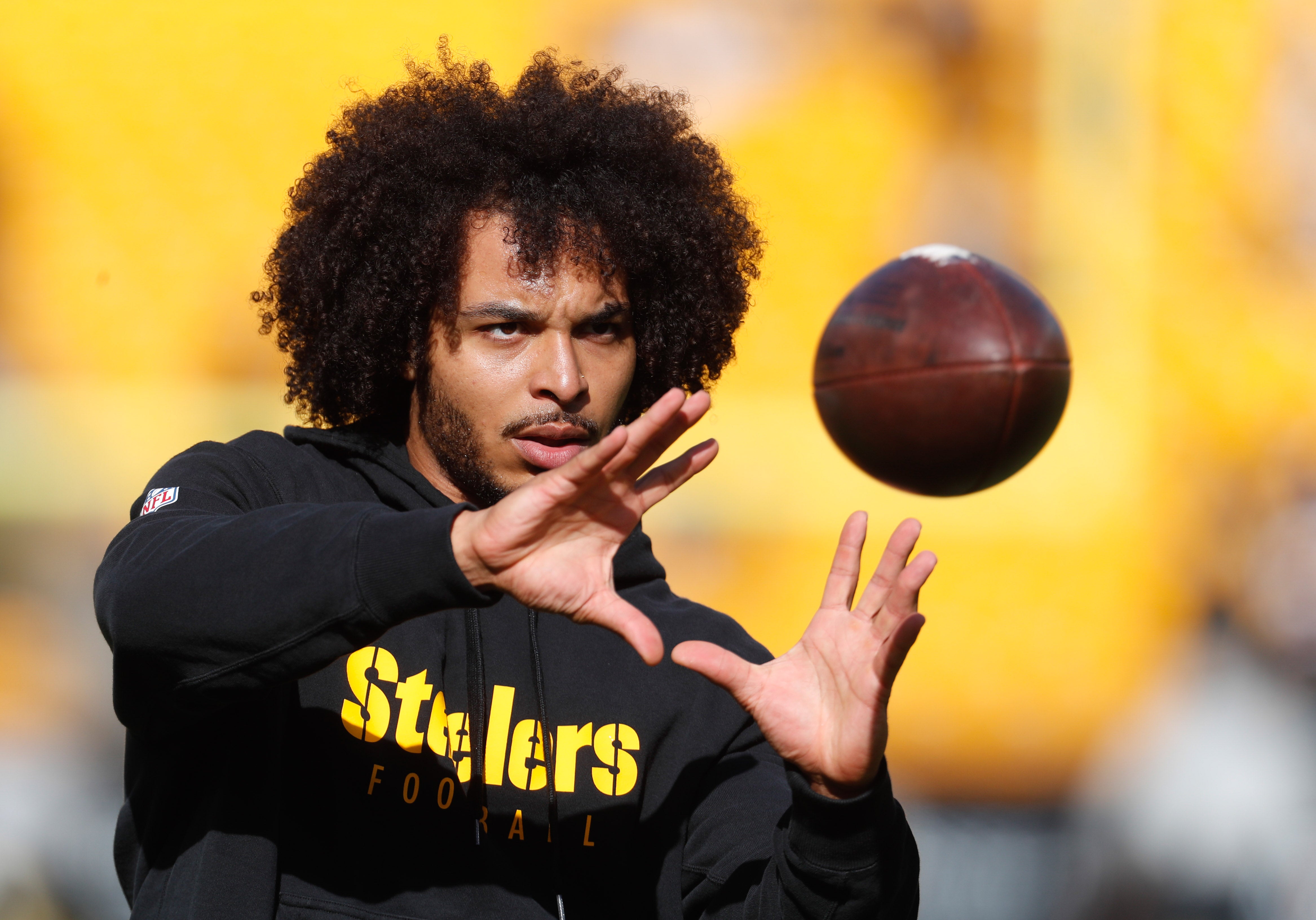 Nov 12, 2023; Pittsburgh, Pennsylvania, USA; Pittsburgh Steelers safety Elijah Riley (37) warms up before the game against the Green Bay Packers at Acrisure Stadium. Mandatory Credit: Charles LeClaire-USA TODAY Sports  