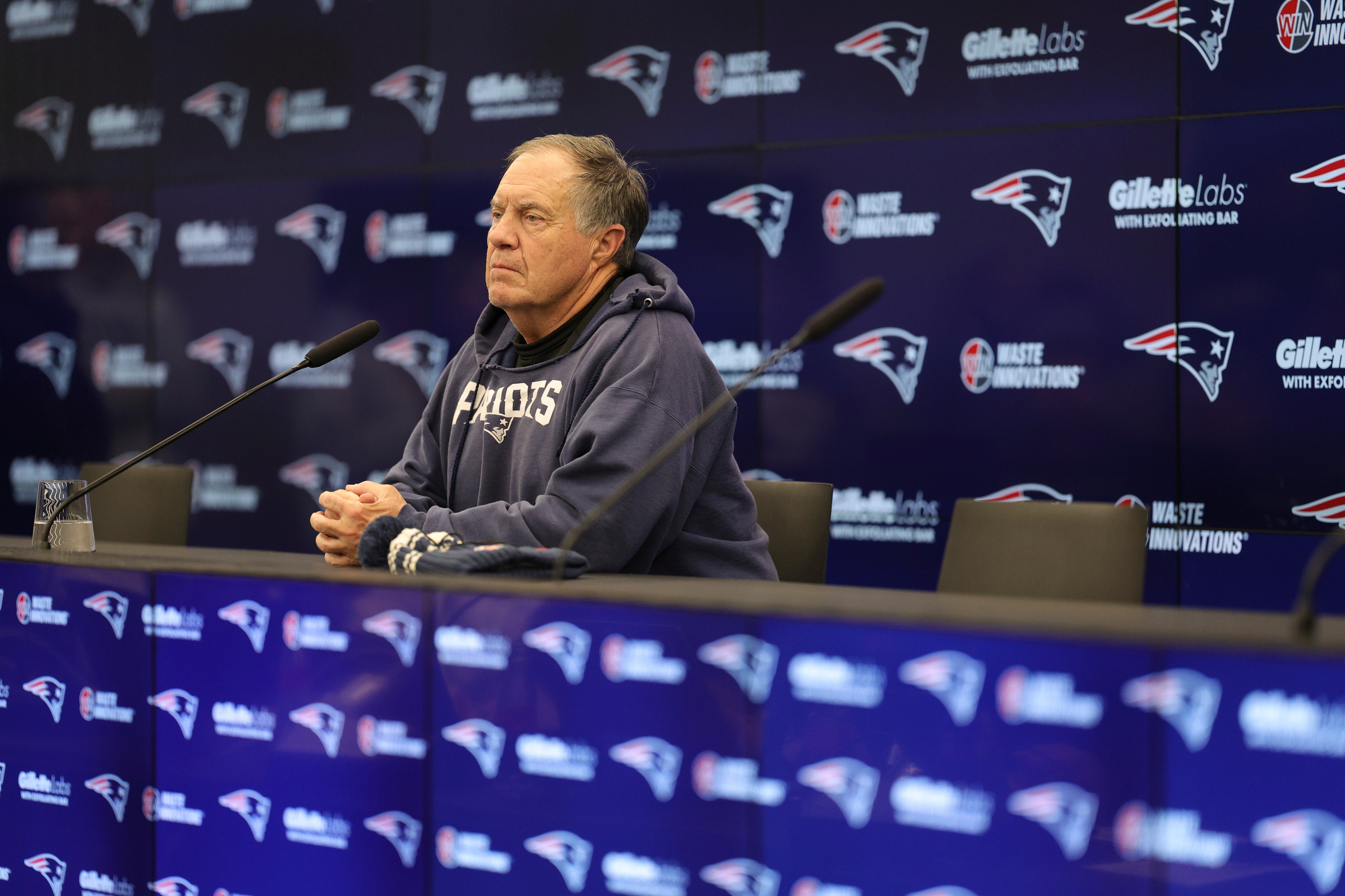 Nov 10, 2023; Frankfurt, Germany; New England Patriots head coach Bill Belichick speaks to the media before an NFL International Series practice at the Deutcher Fussball-Bund facility.