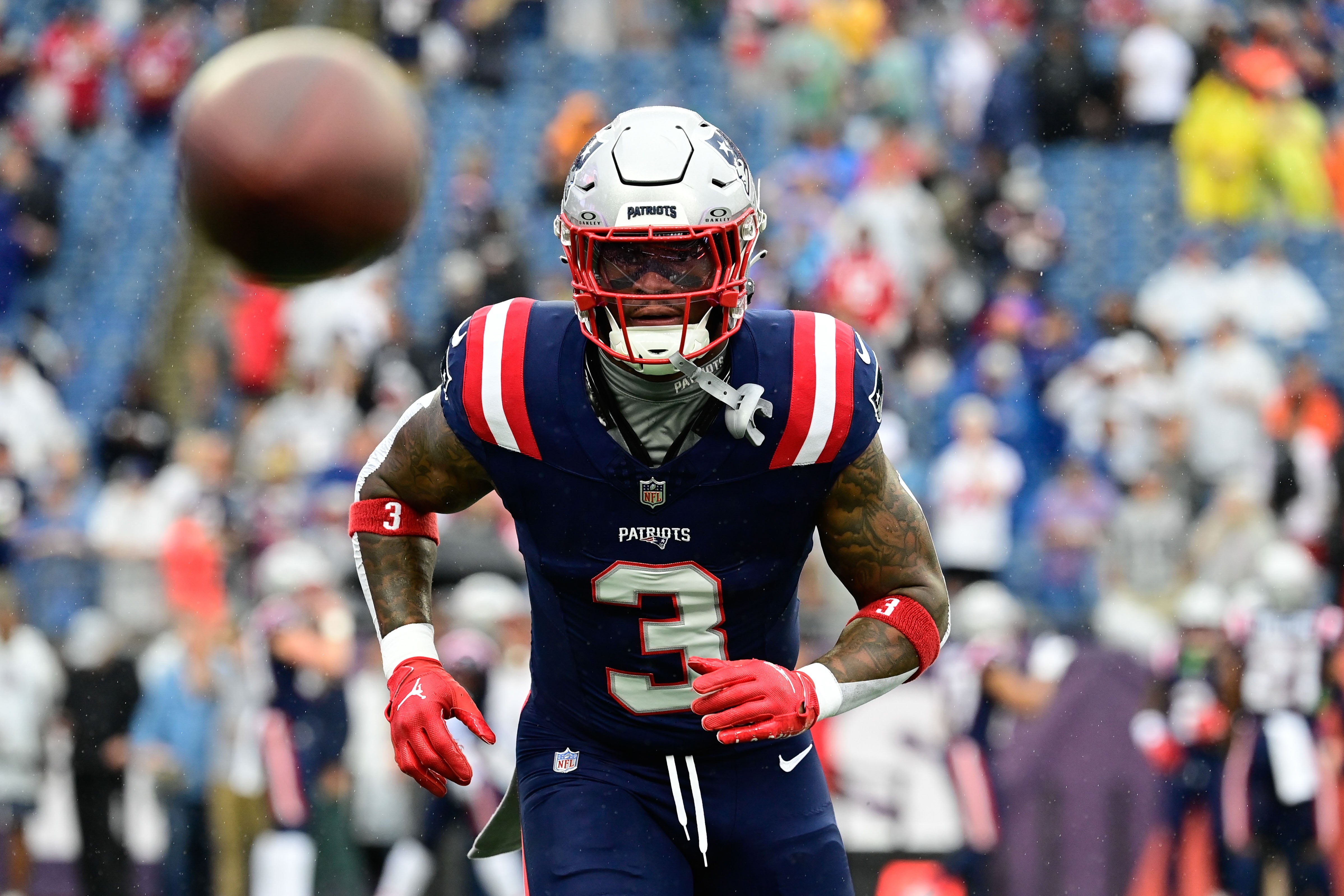 New England Patriots linebacker Mack Wilson Sr. prepares for a game against the Philadelphia Eagles during the warm-up period at Gillette Stadium.