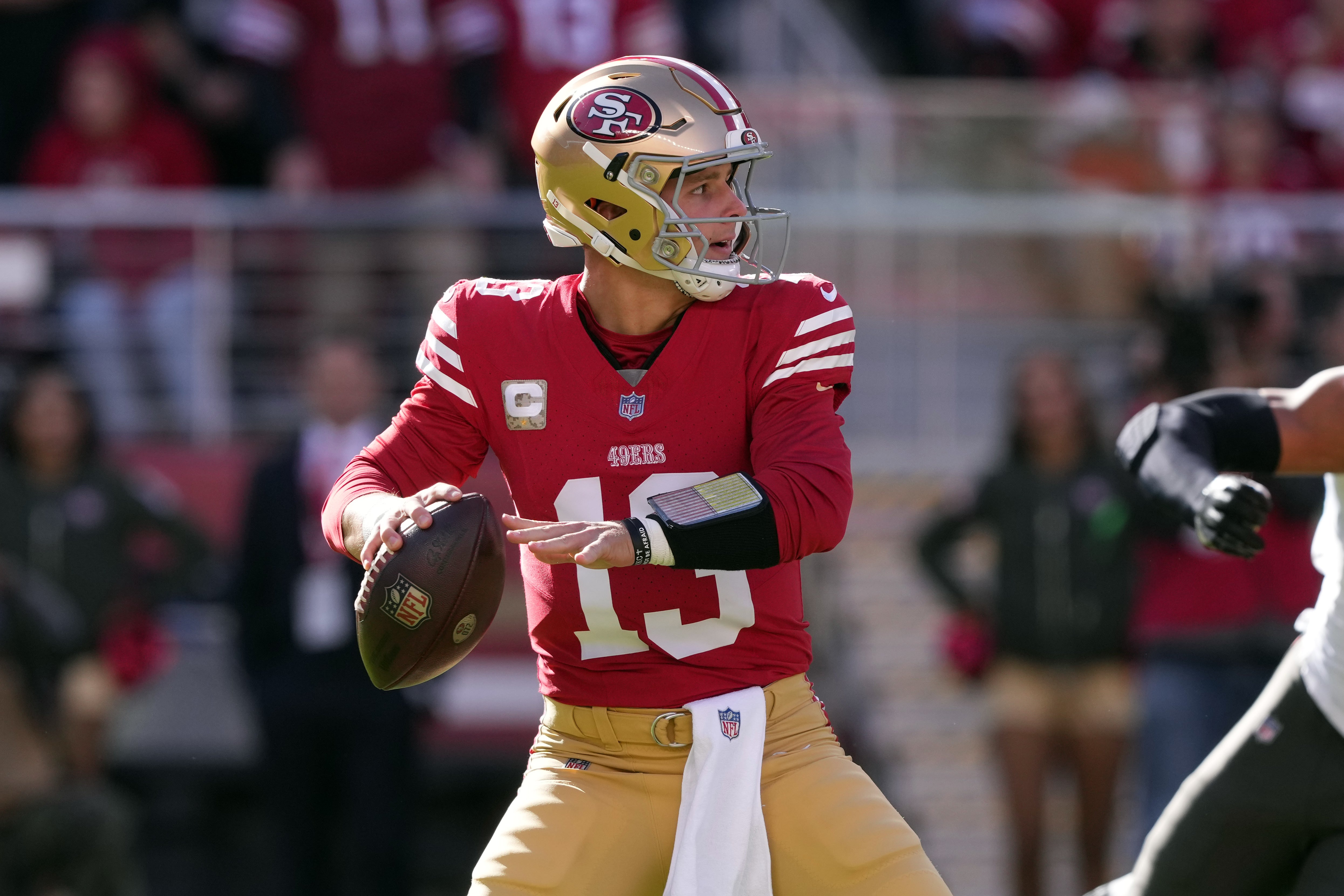 Nov 19, 2023; Santa Clara, California, USA; San Francisco 49ers quarterback Brock Purdy (13) passes against the Tampa Bay Buccaneers during the first quarter at Levi's Stadium.