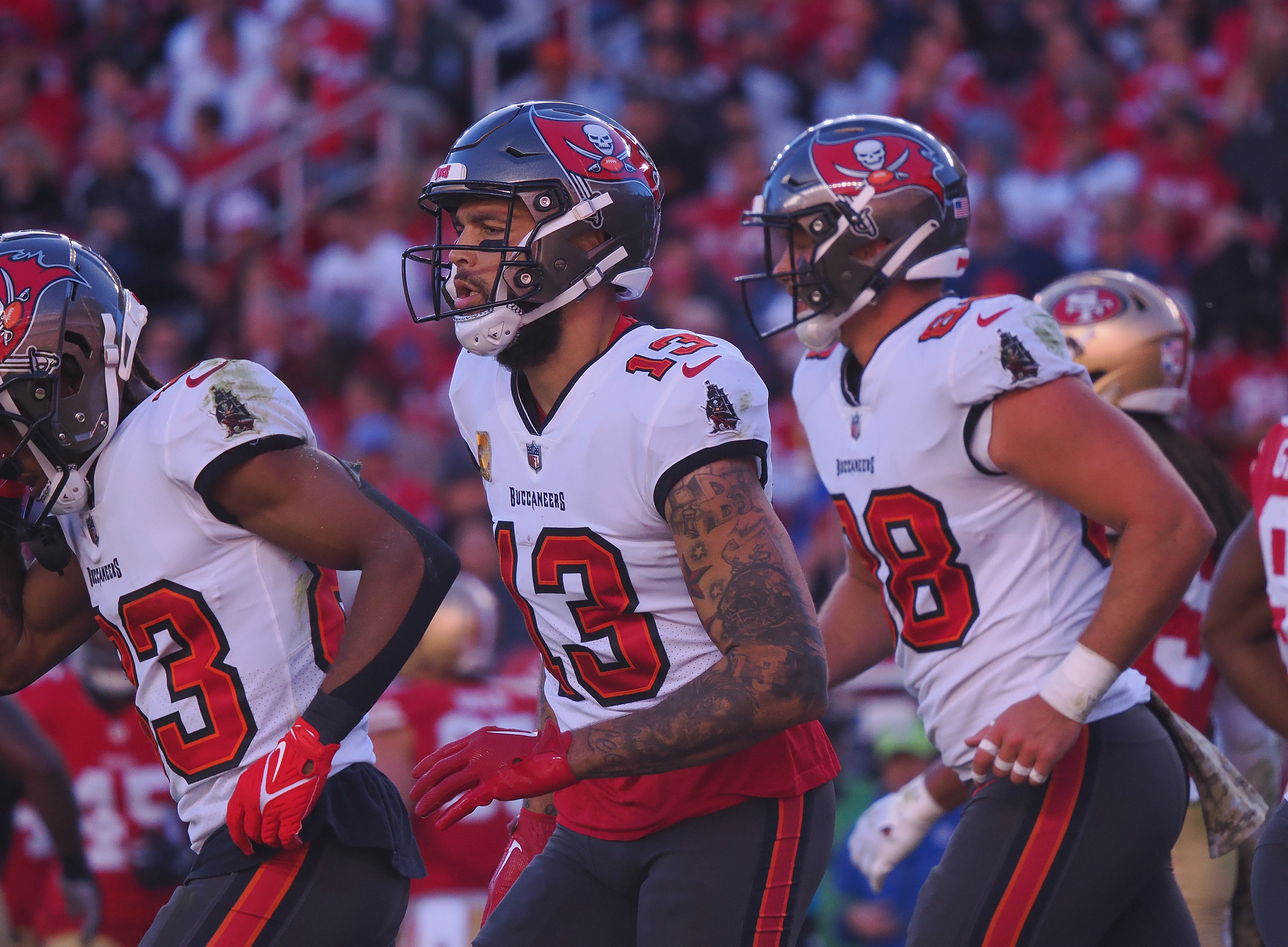 Nov 19, 2023; Santa Clara, California, USA; Tampa Bay Buccaneers wide receiver Mike Evans (13) celebrates after scoring a touchdown against the San Francisco 49ers during the second quarter at Levi's Stadium. Mandatory Credit: Kelley L Cox-USA TODAY Sports