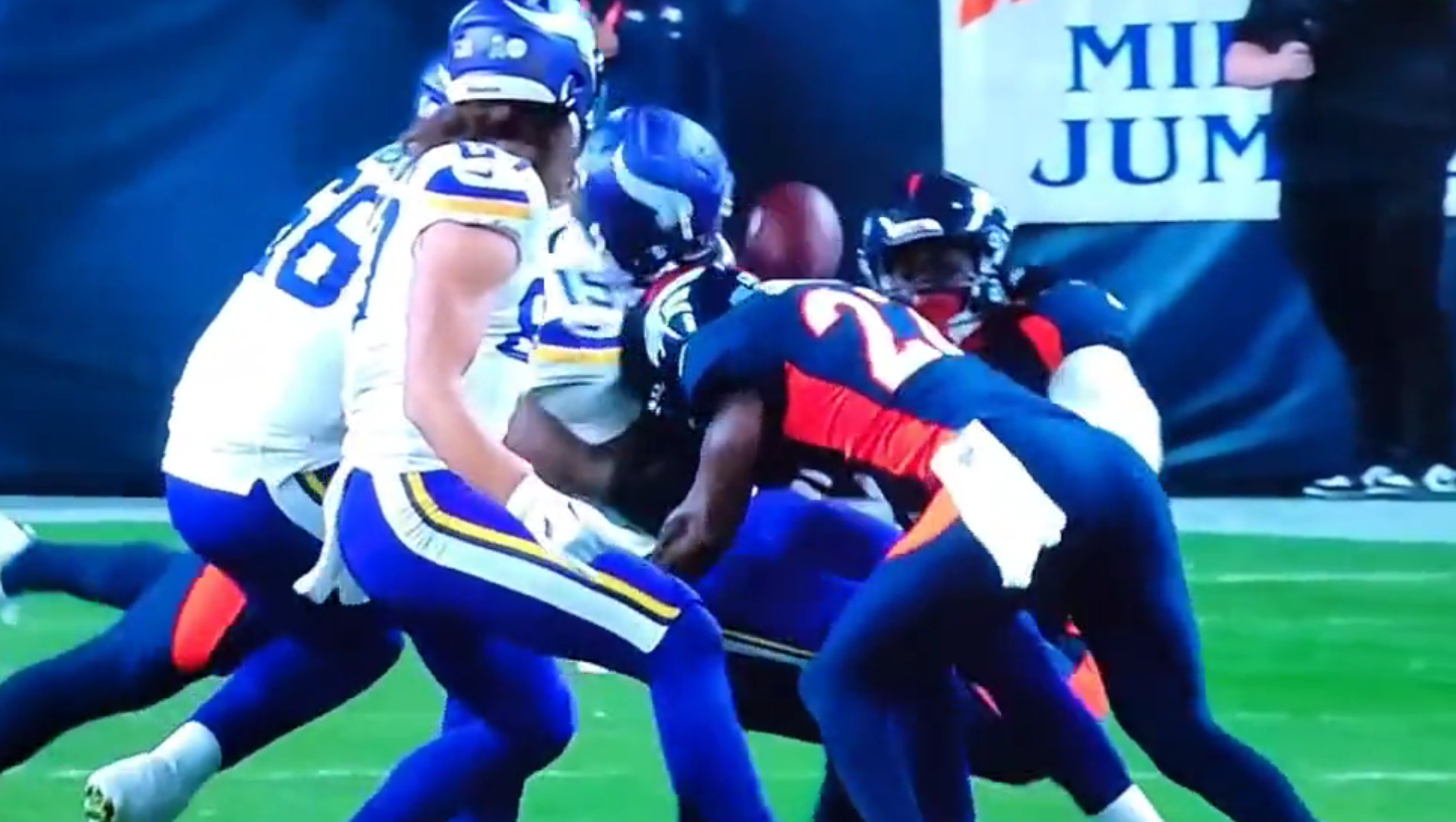 Denver Broncos S Kareem Jackson forcing a fumble on Joshua Dobbs in Week 11 of the 2023 NFL season